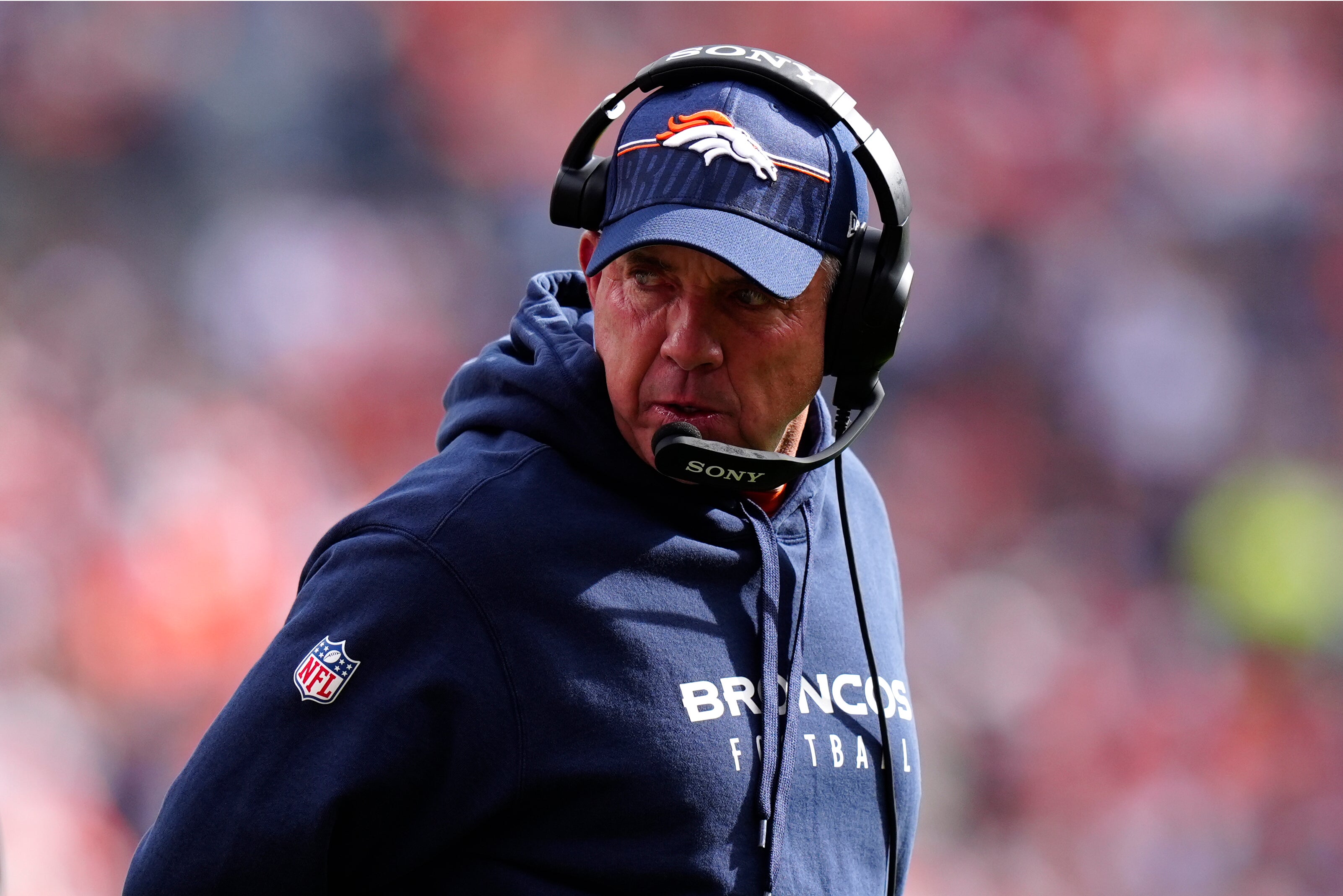 Oct 26, 2025; Denver, Colorado, USA; Denver Broncos head coach Sean Payton looks on in the first quarter against the Dallas Cowboys at Empower Field at Mile High.