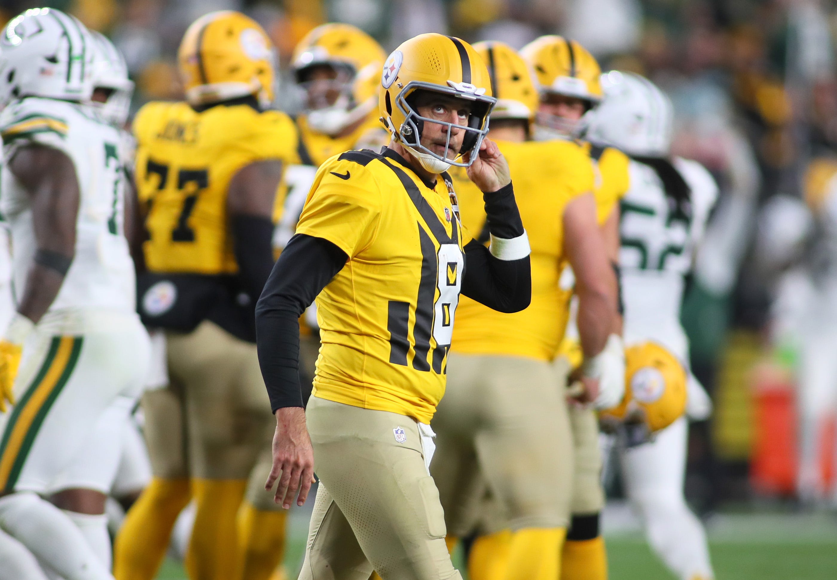 Pittsburgh Steelers quarterback Aaron Rodgers (8) reacts after a fumble late in the second half against the Green Bay Packers at Acrisure Stadium in Pittsburgh, PA on October 26, 2025.