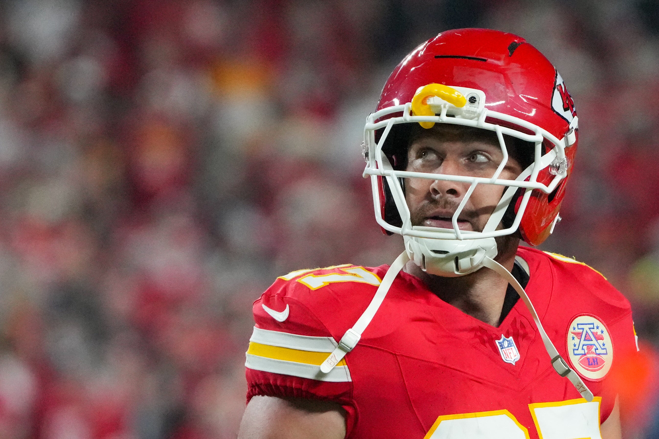 Oct 27, 2025; Kansas City, Missouri, USA; Kansas City Chiefs tight end Travis Kelce (87) reacts after an interception by the Washington Commanders during the second quarter of the game at GEHA Field at Arrowhead Stadium. Mandatory Credit: Denny Medley-Imagn Images