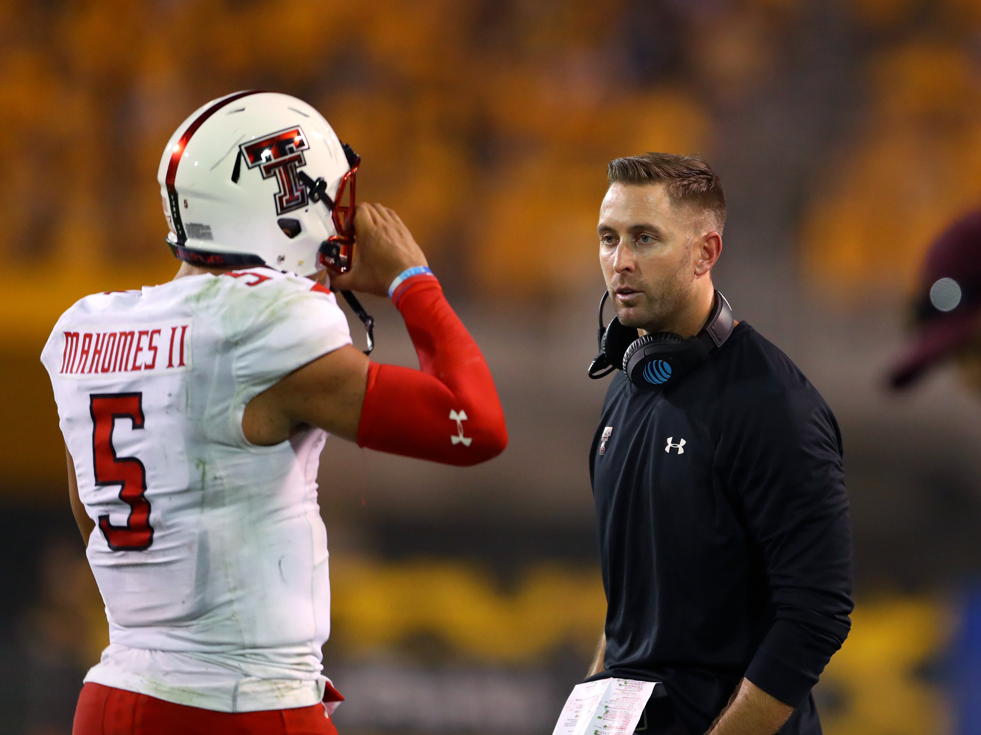 Texas Tech Red Raiders quarterback Patrick Mahomes II (5) and head coach Kliff Kingsbury against the Arizona State Sun Devils