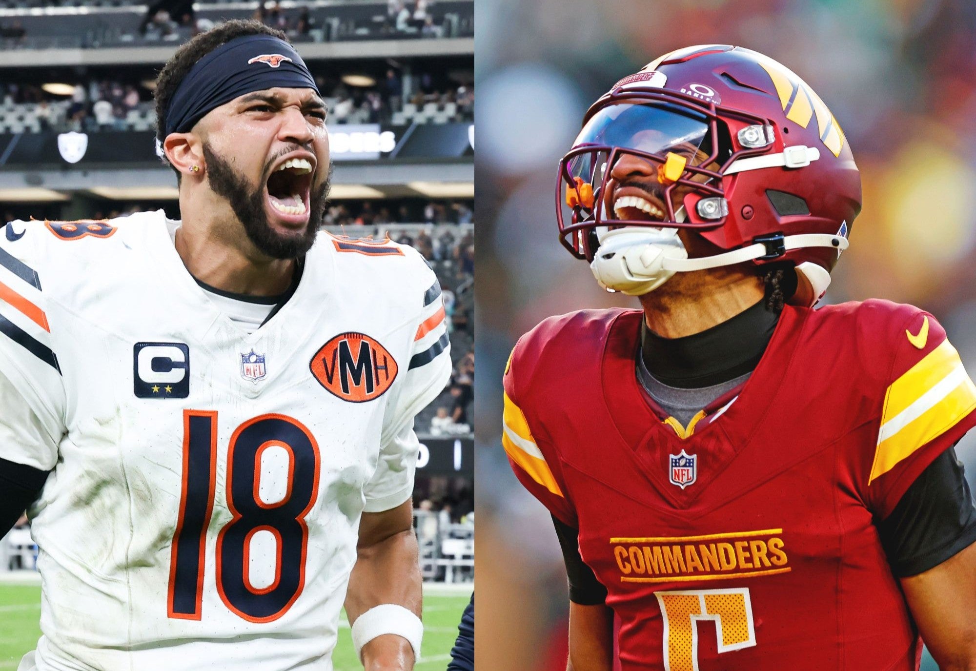 Caleb Williams (18) celebrates after the game against Las Vegas Raiders at Allegiant Stadium and Jayden Daniels (5) celebrates after throwing a touchdown during the fourth quarter against the Philadelphia Eagles at Northwest Stadium.