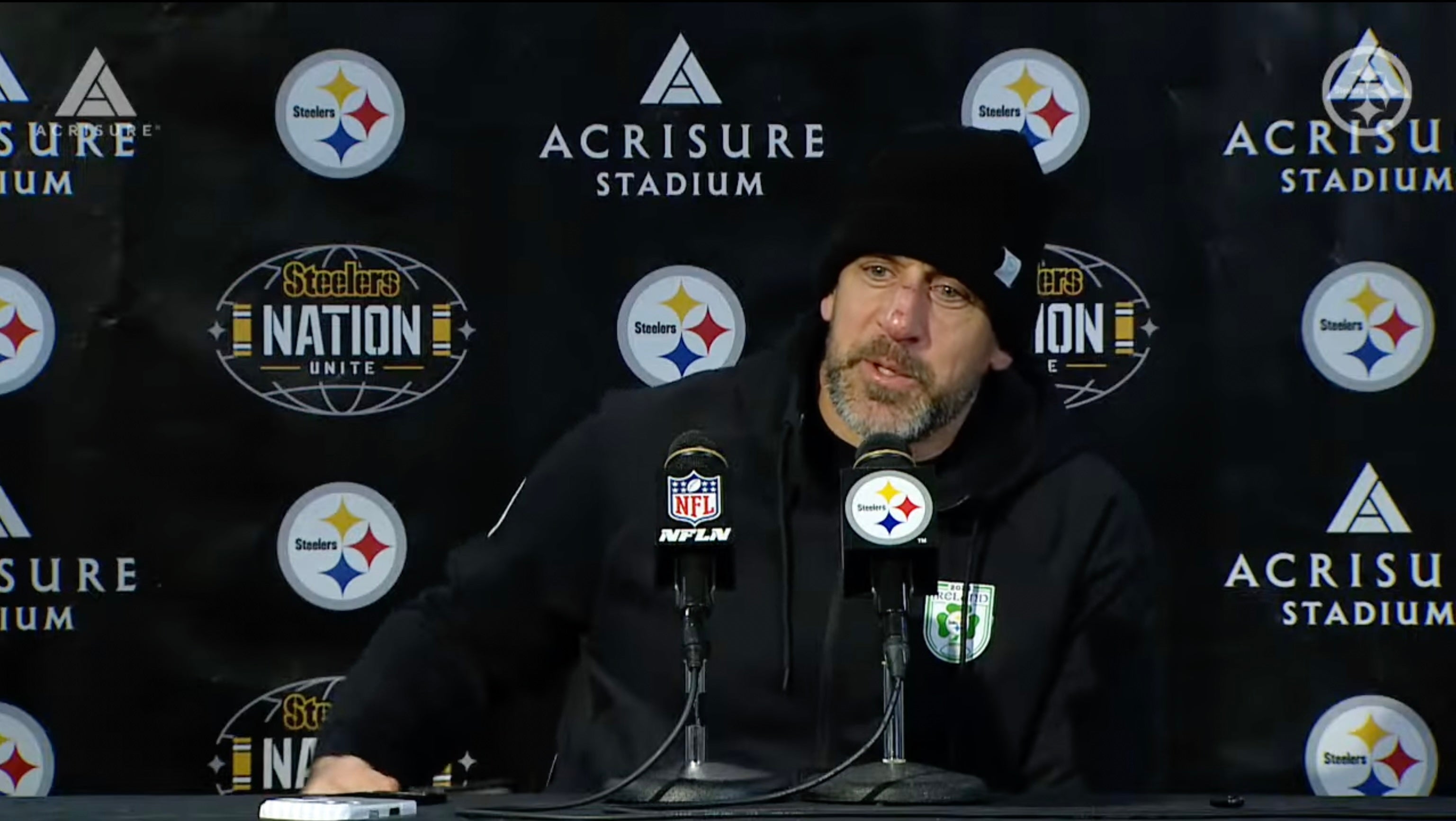 Pittsburgh Steelers quarterback Aaron Rodgers speaks to the media following 26-7 loss against the Buffalo Bills in NFL Week 13, 11/30/2025.