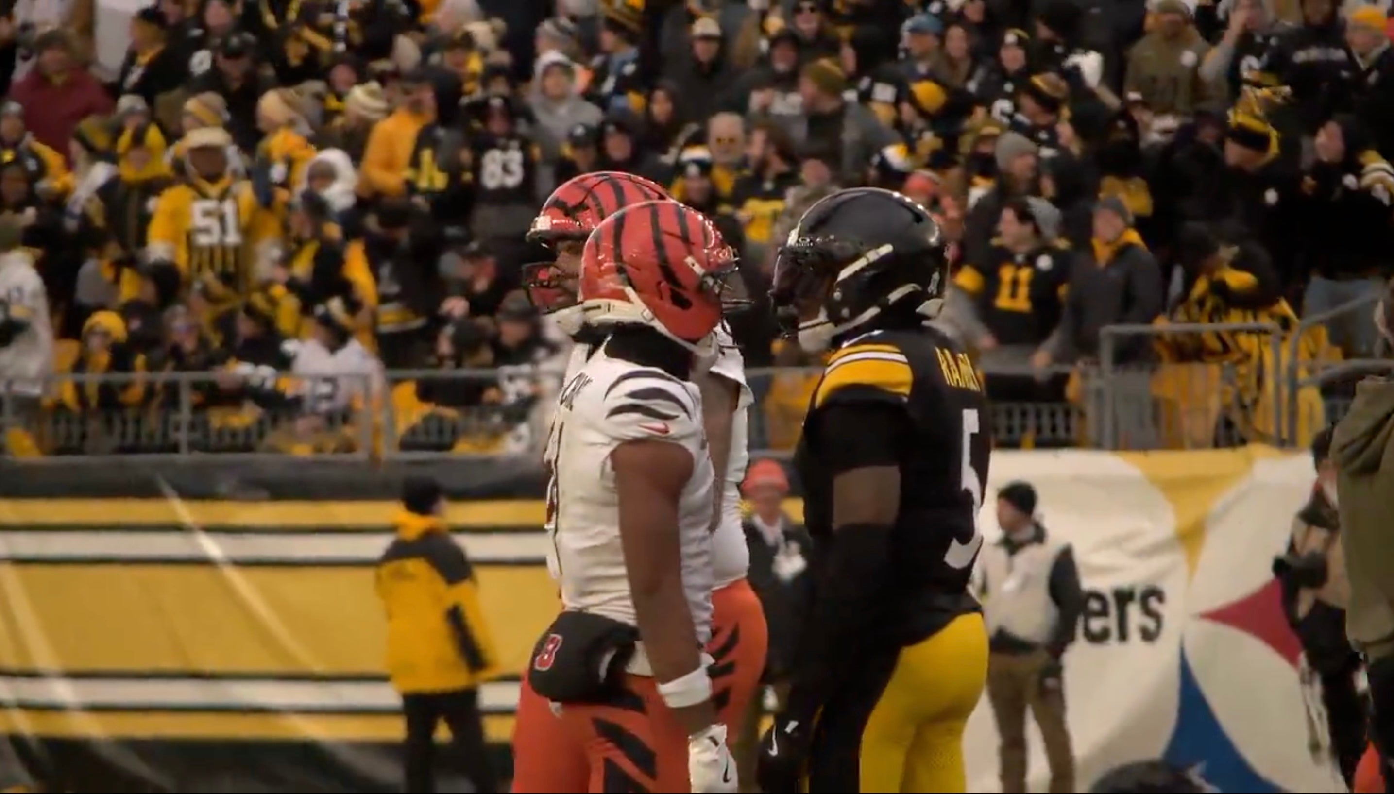Pittsburgh Steelers DB and Cincinnati Bengals WR Ja'Marr Chase engage after Chase spits on Ramsey, 11/16/2025.