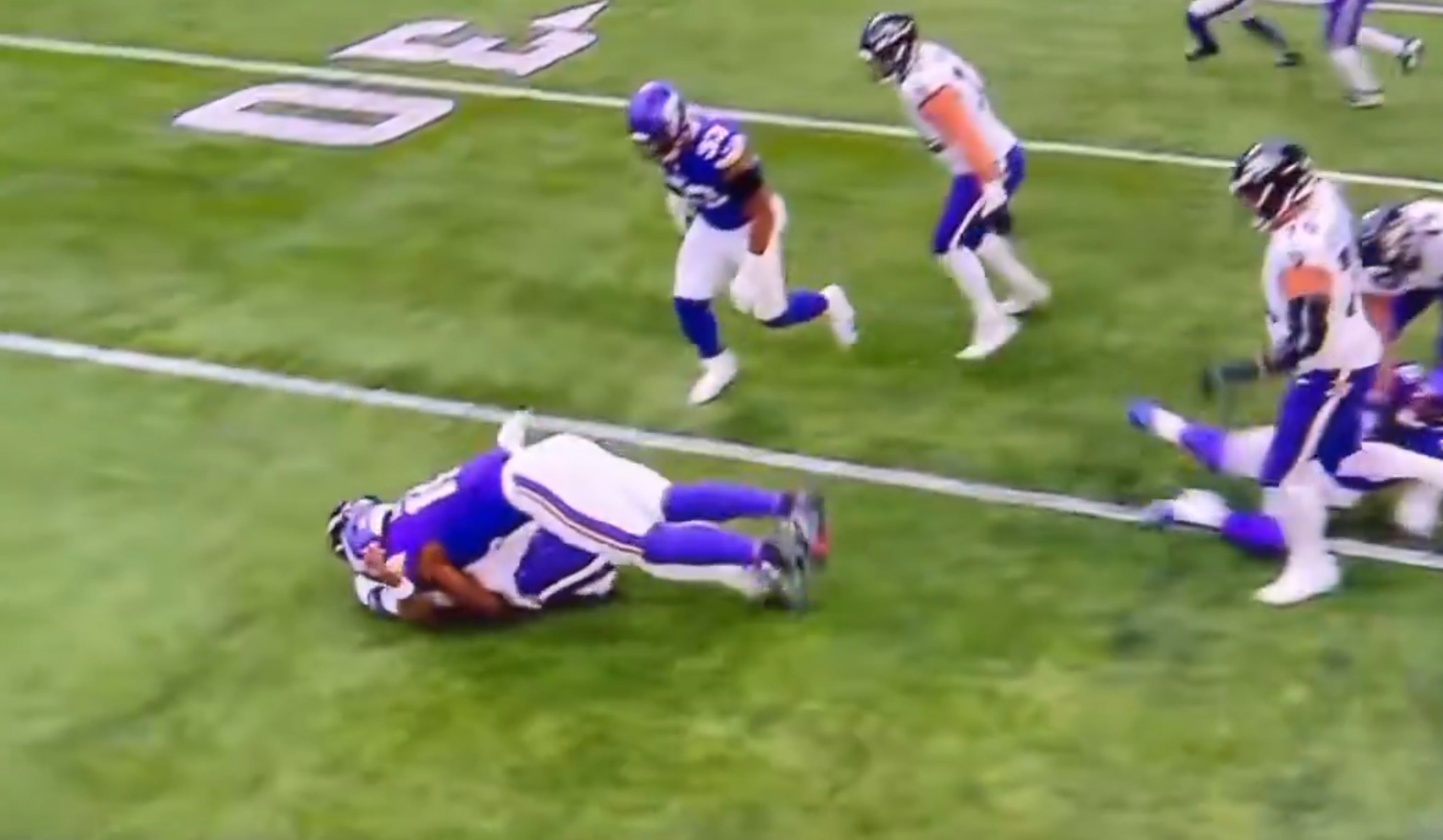 Minnesota Vikings edge rusher Dallas Turner sacks Baltimore Ravens quarterback Lamar Jackson, and got flagged for roughing the passer.