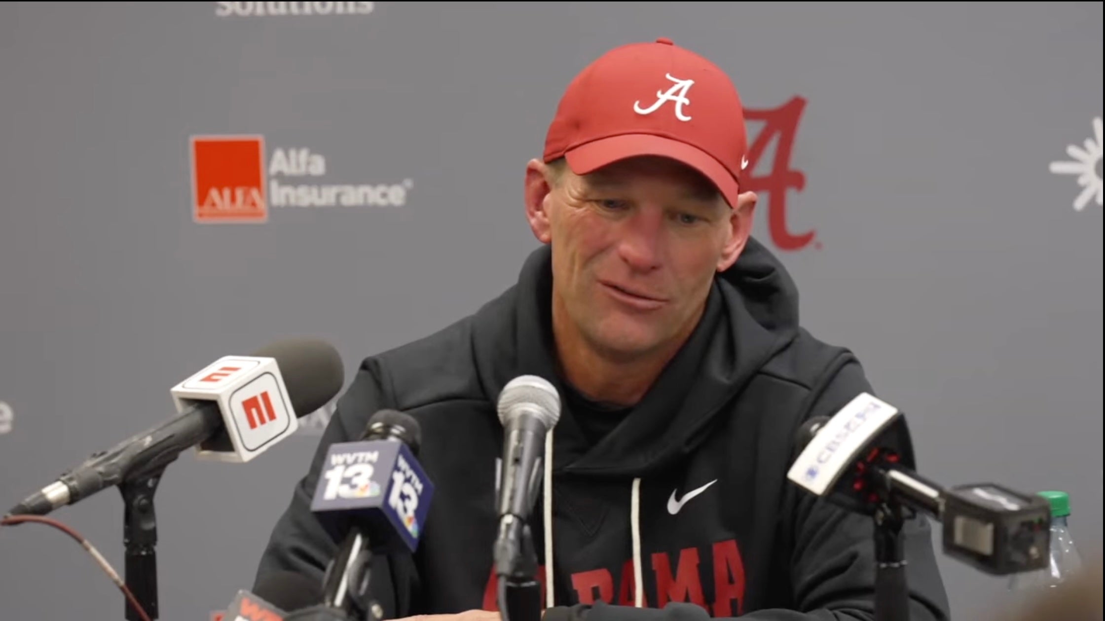 Alabama Crimson Tide HC Kalen DeBoer speaks to the media following 27-20 victory over the Auburn Tigers in 2025 Iron Bowl, 11/29/25.