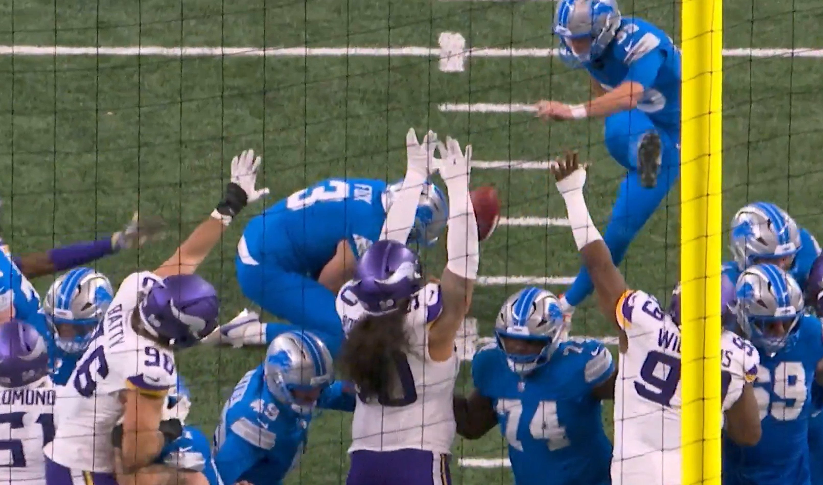 Minnesota Vikings defensive tackle Levi Drake Rodriguez (50) blocks Detroit Lions K Jake Bates' field goal in the fourth quarter of a 27-24 win at Ford Field on November 2nd, 2025.