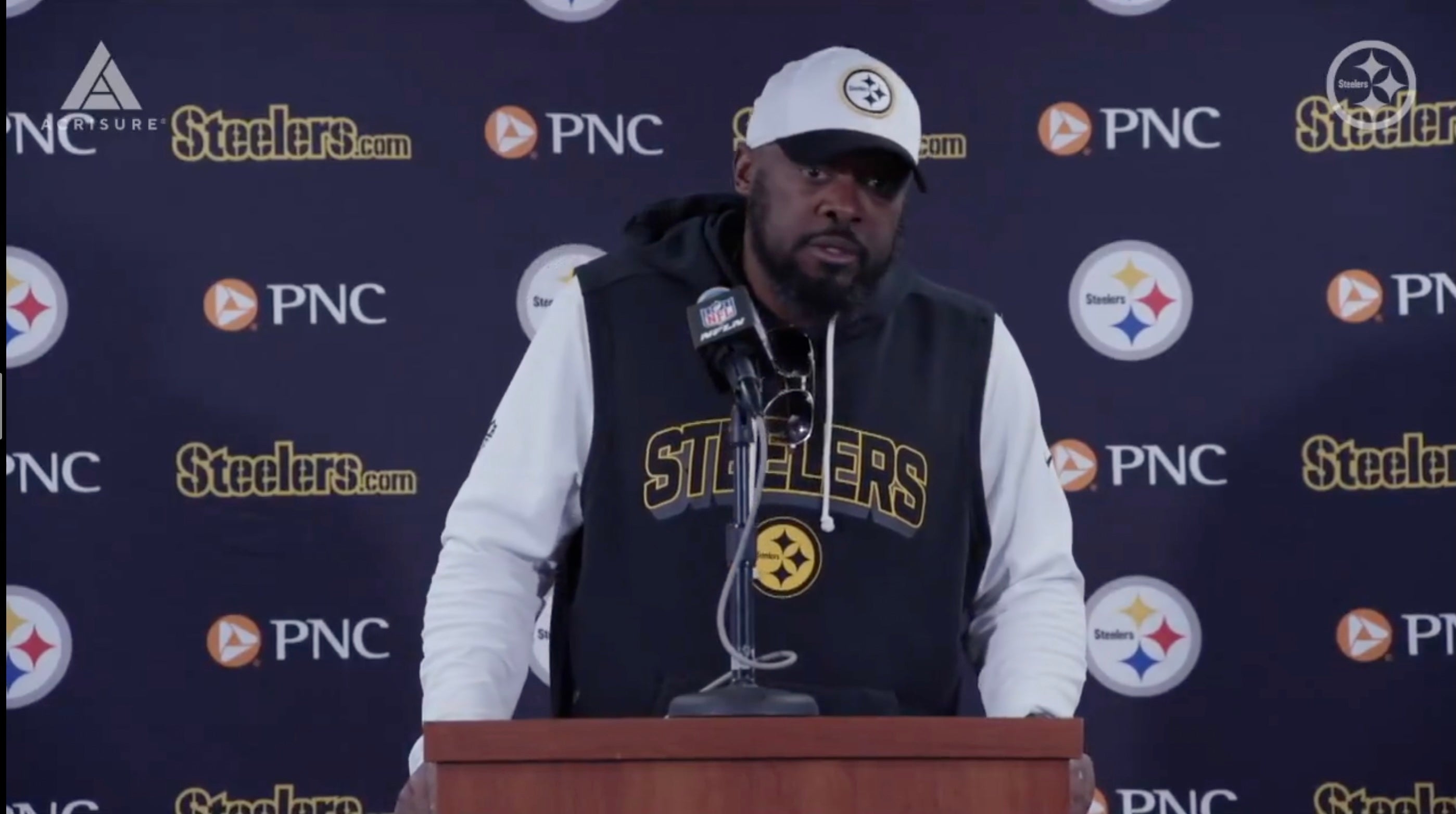 Pittsburgh Steelers head coach Mike Tomlin speaks with the media following 31-28 loss against the Chicago Bears in Week 12 of the 2025 NFL season, 11/23/25.