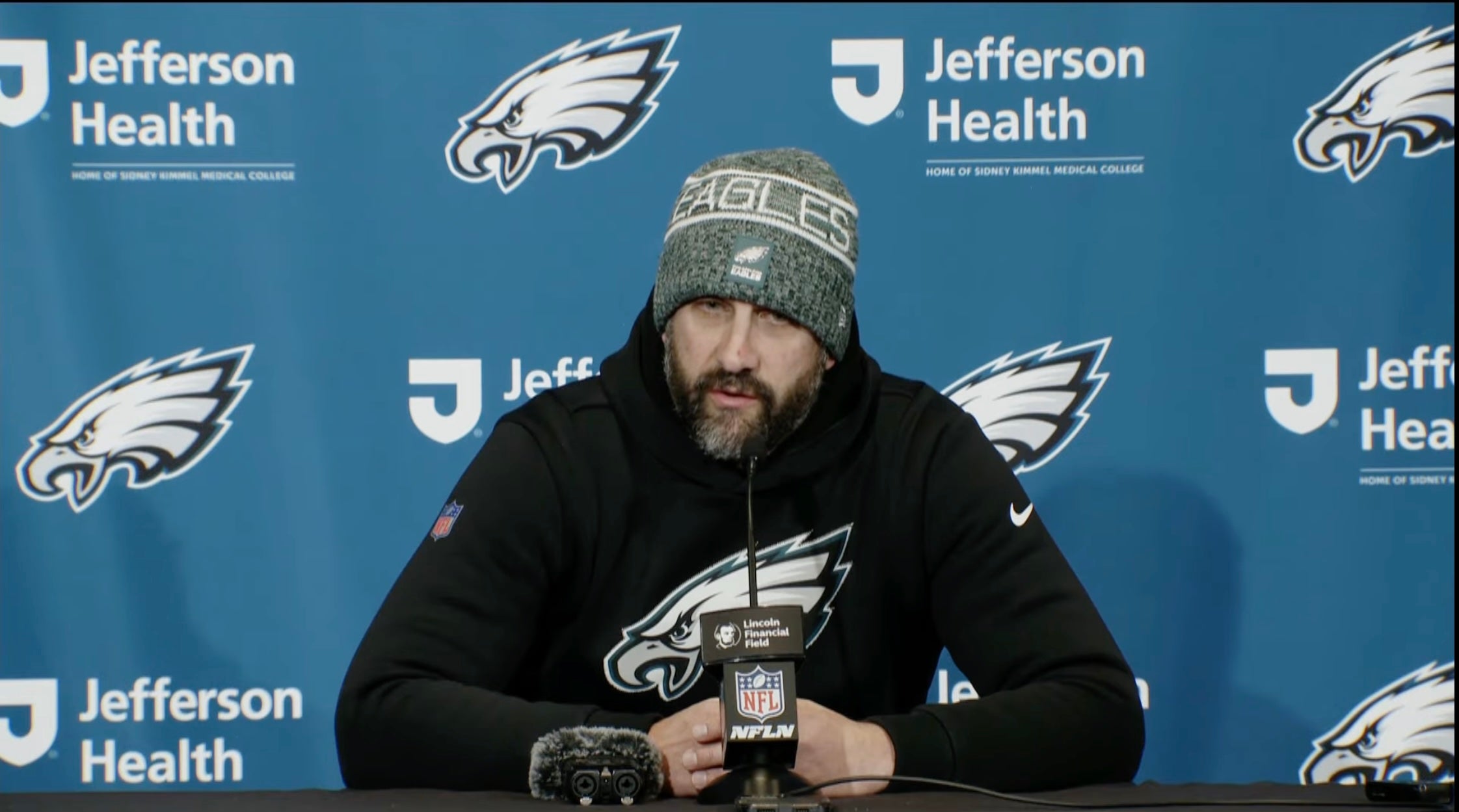 Philadelphia Eagles head coach speaks to the media following 24-15 loss vs. Chicago Bears, 11/29/25.