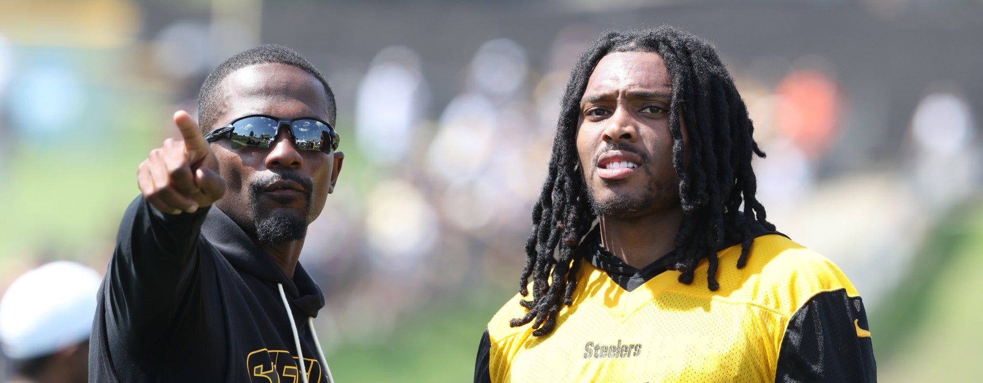 Jul 24, 2025; Latrobe, PA, USA; Pittsburgh Steelers cornerback Jalen Ramsey (5) participates in drills during training camp at Saint Vincent College.