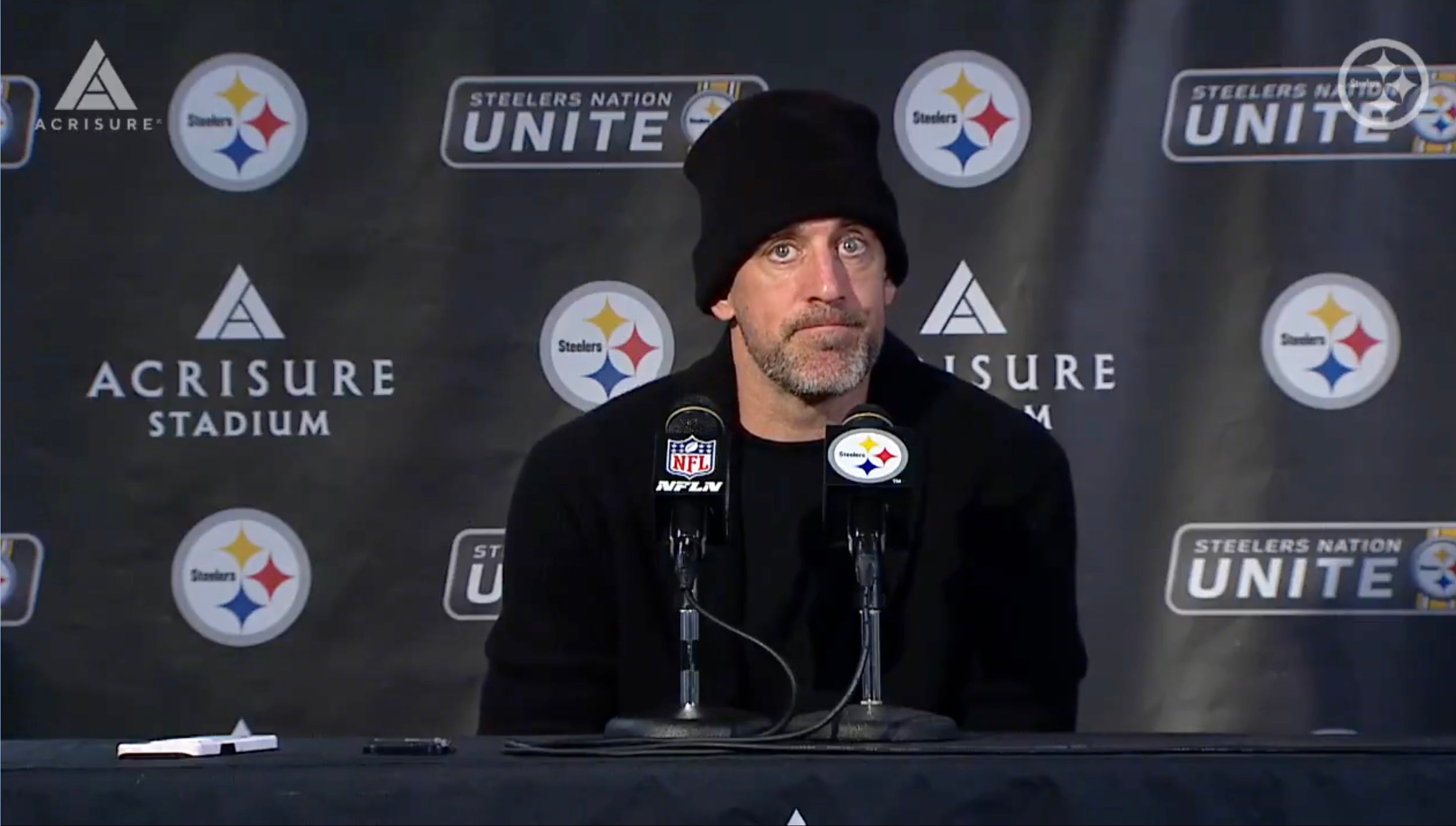 Pittsburgh Steelers quarterback Aaron Rodgers speaks to the media following 27-20 win vs. Indianapolis Colts, 11/2/25.