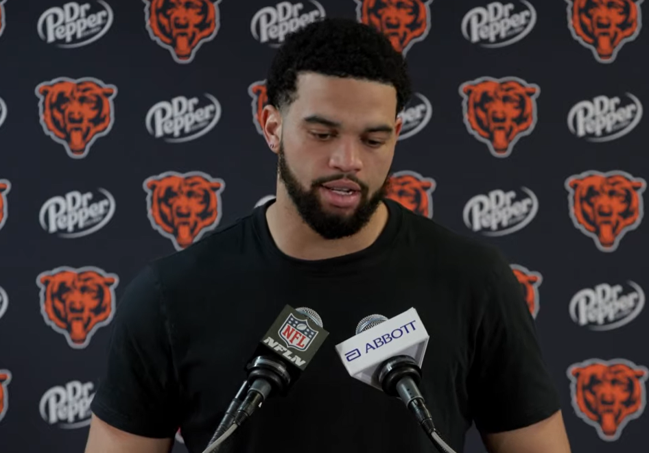 Caleb Williams speaks with reporters following Week 12 win.