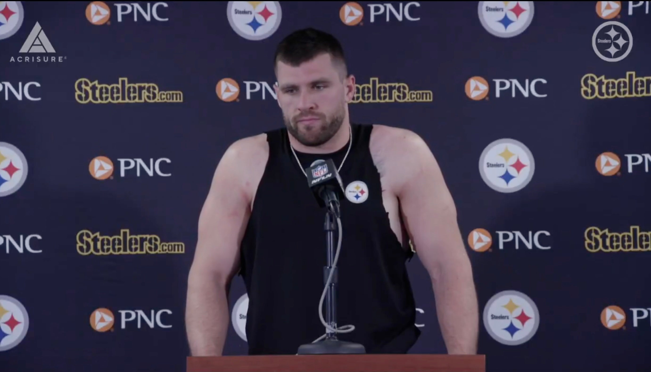 Pittsburgh Steelers outside linebacker T.J. Watt speaks with the media following 31-28 to Chicago Bears loss in Week 12 of 2025 NFL season, 11/23/25.
