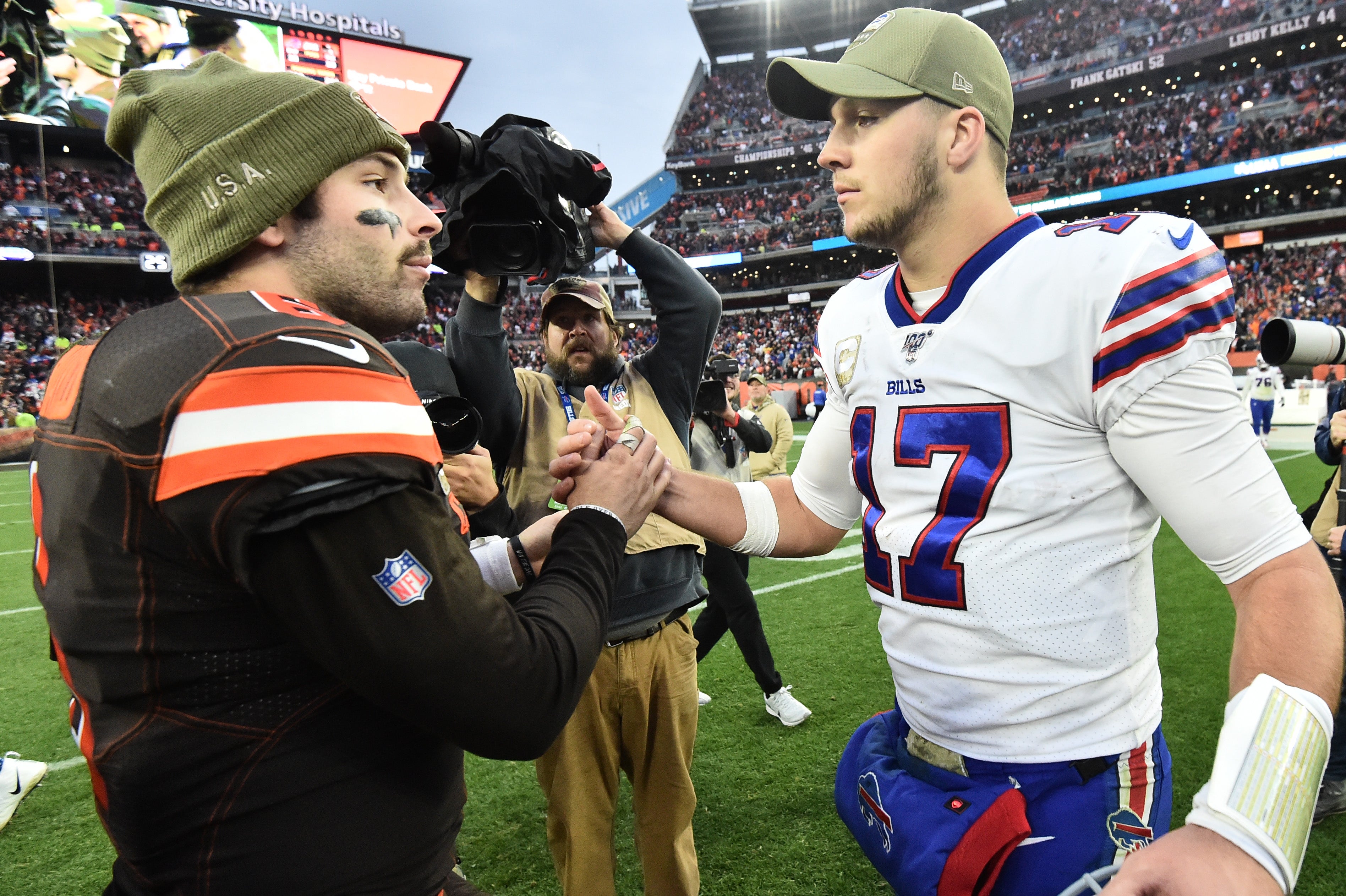 Nov 10, 2019; Cleveland, OH, USA; Cleveland Browns quarterback Baker Mayfield (6) shakes hands with Buffalo Bills quarterback Josh Allen (17) after the game between the Cleveland Browns and the Buffalo Bills at FirstEnergy Stadium.