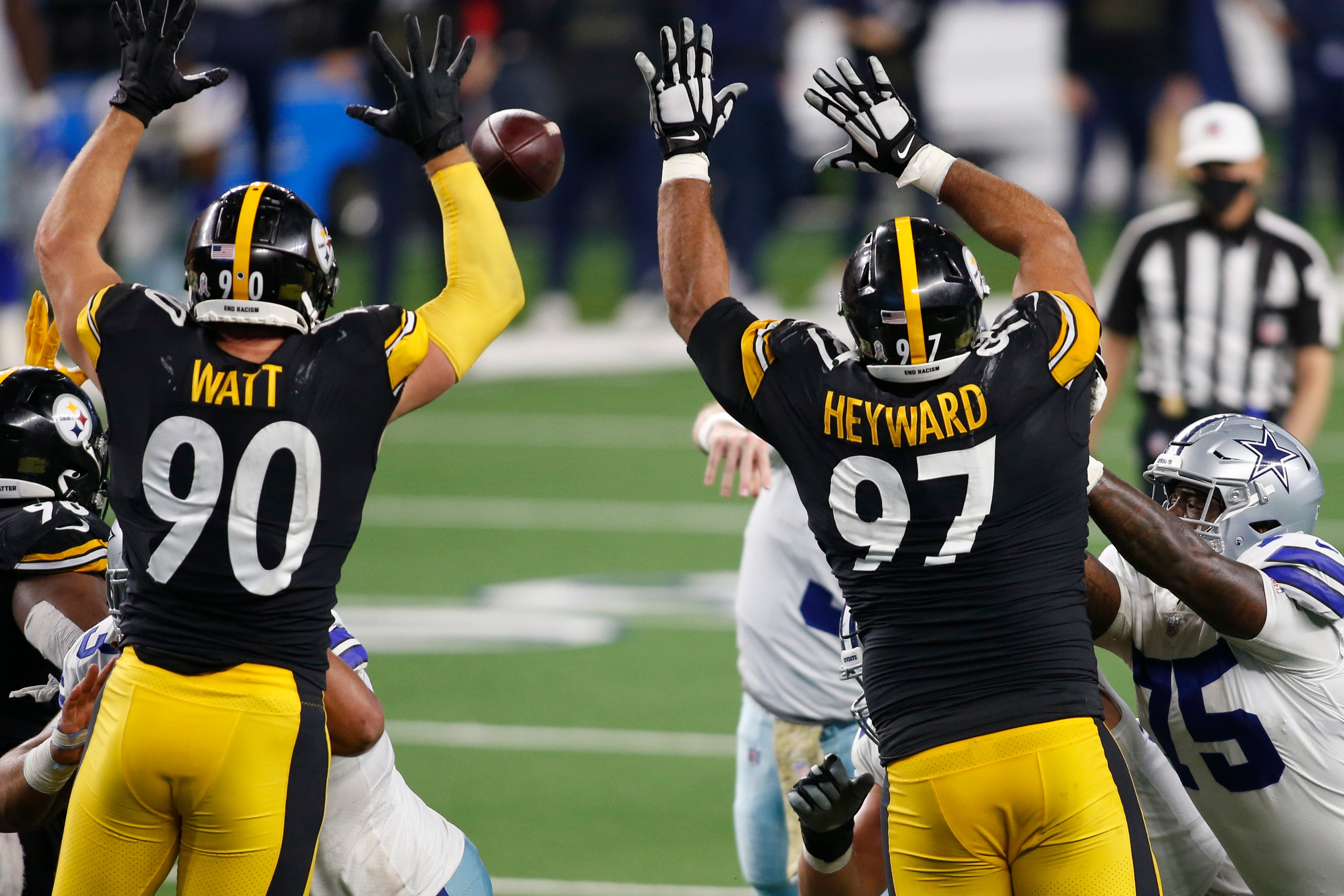 Nov 8, 2020; Arlington, Texas, USA; Pittsburgh Steelers outside linebacker T.J. Watt (90) and defensive end Cameron Heyward (97) defend against a pass by Dallas Cowboys quarterback Garrett Gilbert (3) in the fourth quarter at AT&T Stadium.