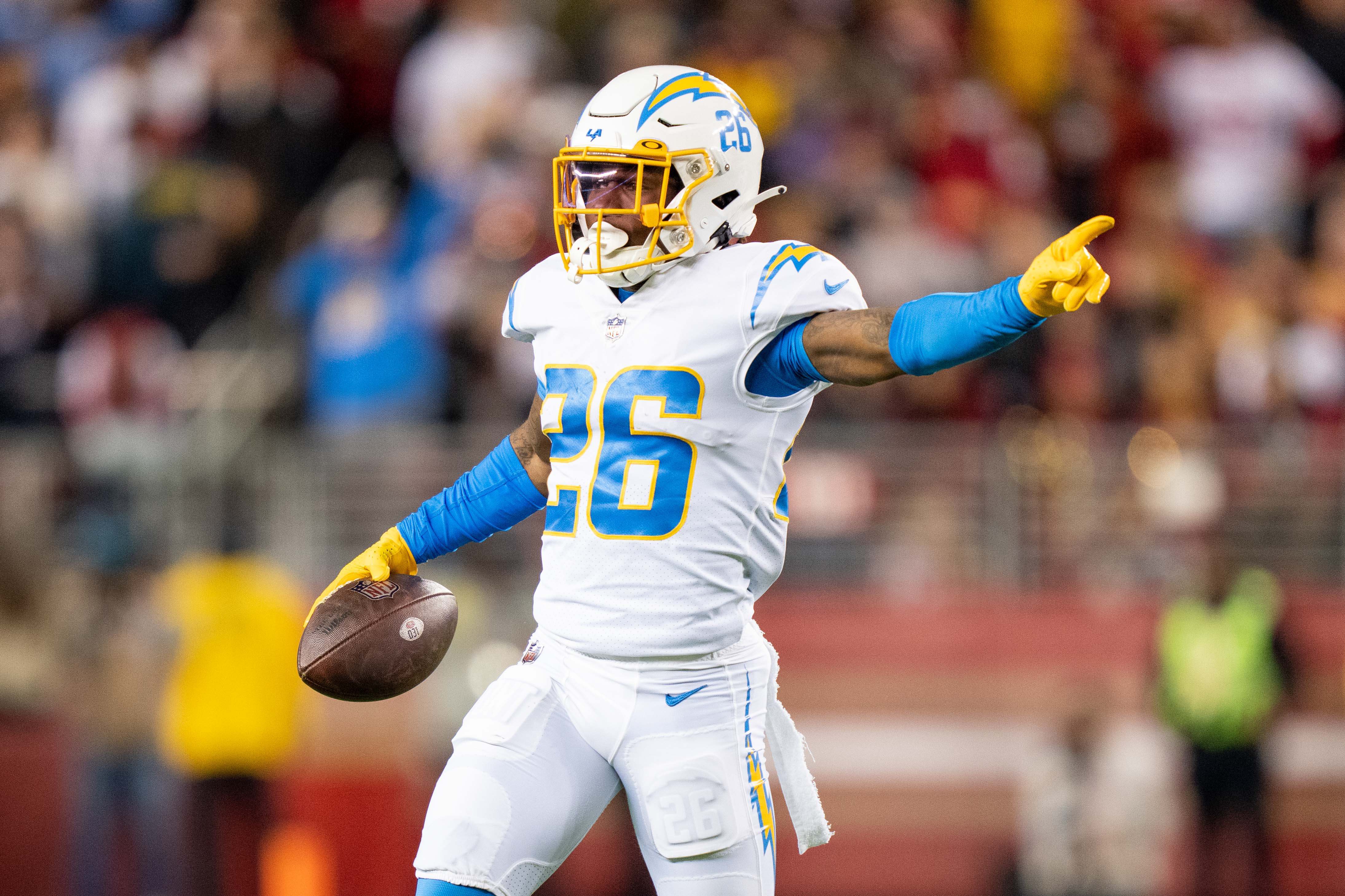 November 13, 2022; Santa Clara, California, USA; Los Angeles Chargers cornerback Asante Samuel Jr. (26) during the first quarter against the San Francisco 49ers at Levi's Stadium.
