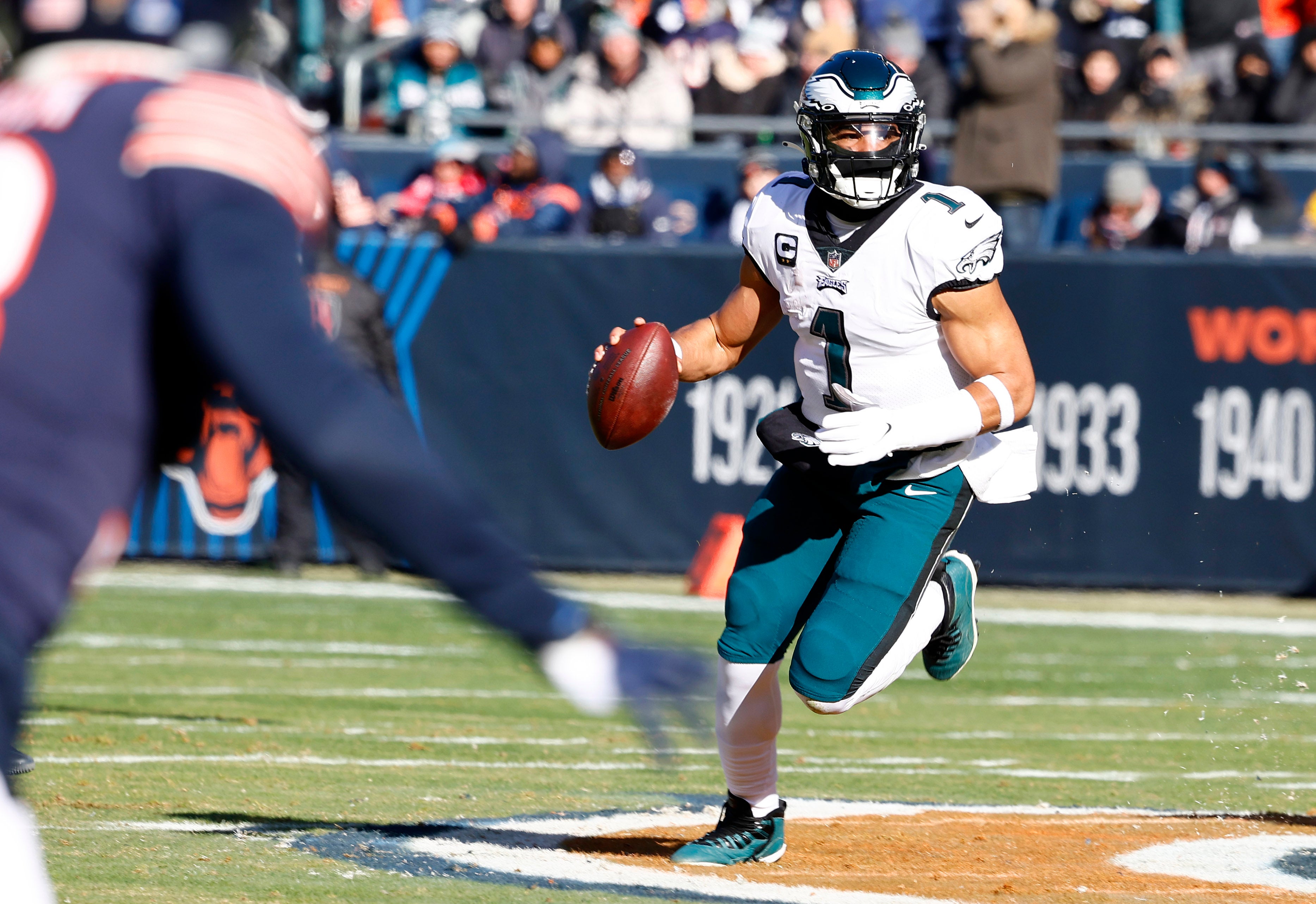 Dec 18, 2022; Chicago, Illinois, USA; Philadelphia Eagles quarterback Jalen Hurts (1) drops back to pass against the Chicago Bears during the first quarter at Soldier Field.