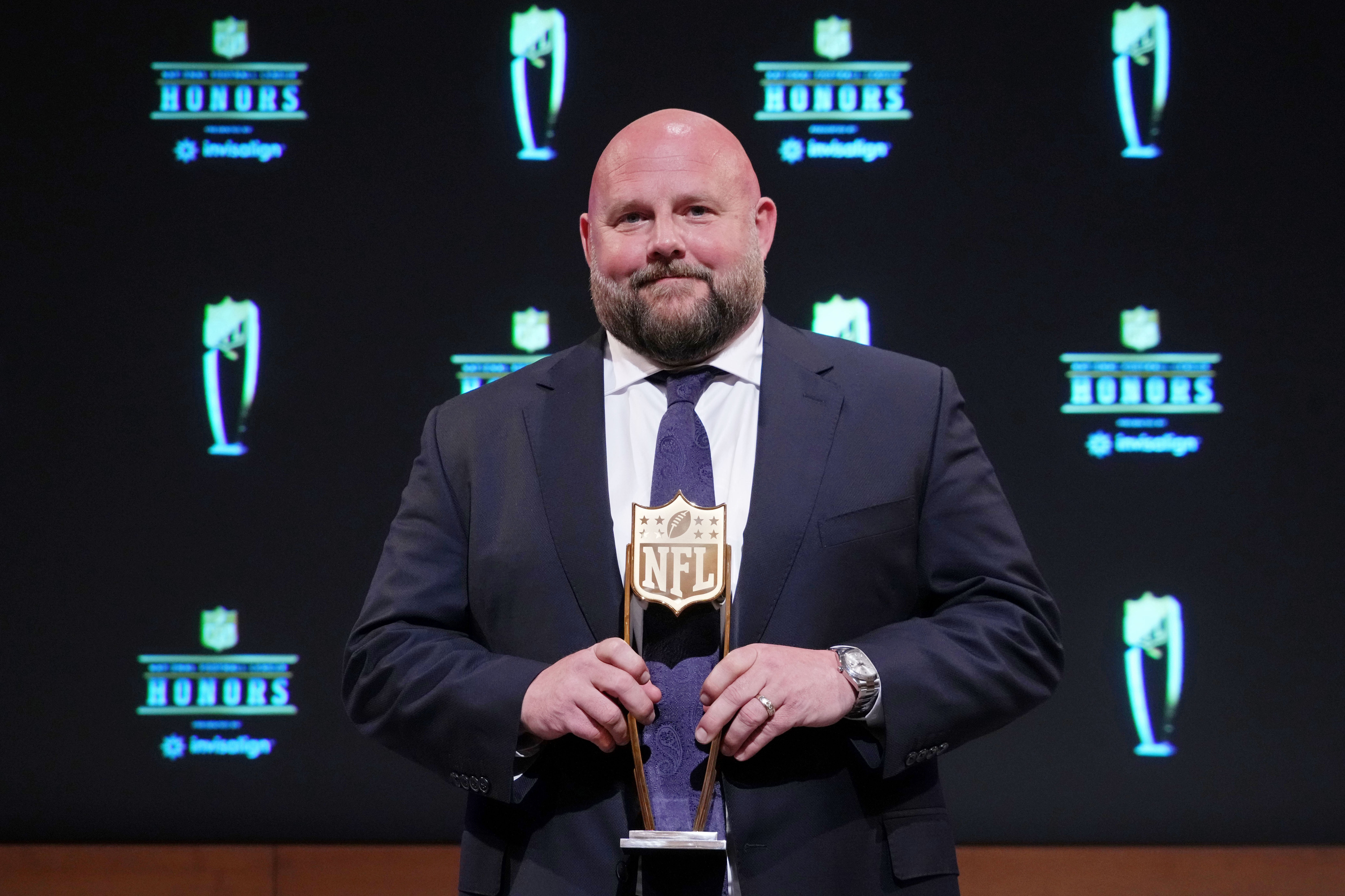Feb 9, 2023; Phoenix, Arizona, US; New York Giants head coach Brian Daboll poses for a photo after receiving the award for AP Coach of the Year during the NFL Honors award show at Symphony Hall.