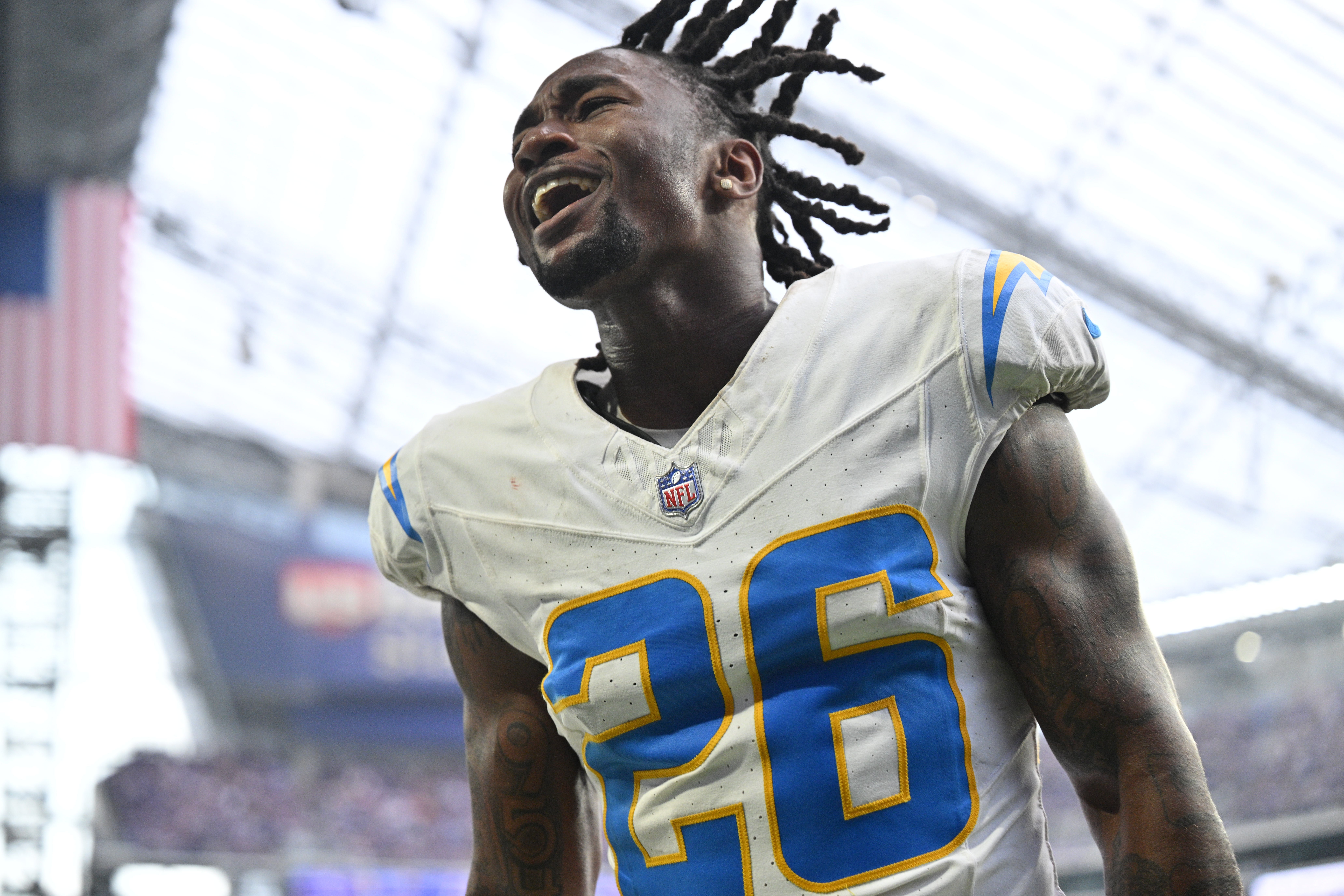 Sep 24, 2023; Minneapolis, Minnesota, USA; Los Angeles Chargers cornerback Asante Samuel Jr. (26) reacts after the game against the Minnesota Vikings at U.S. Bank Stadium.
