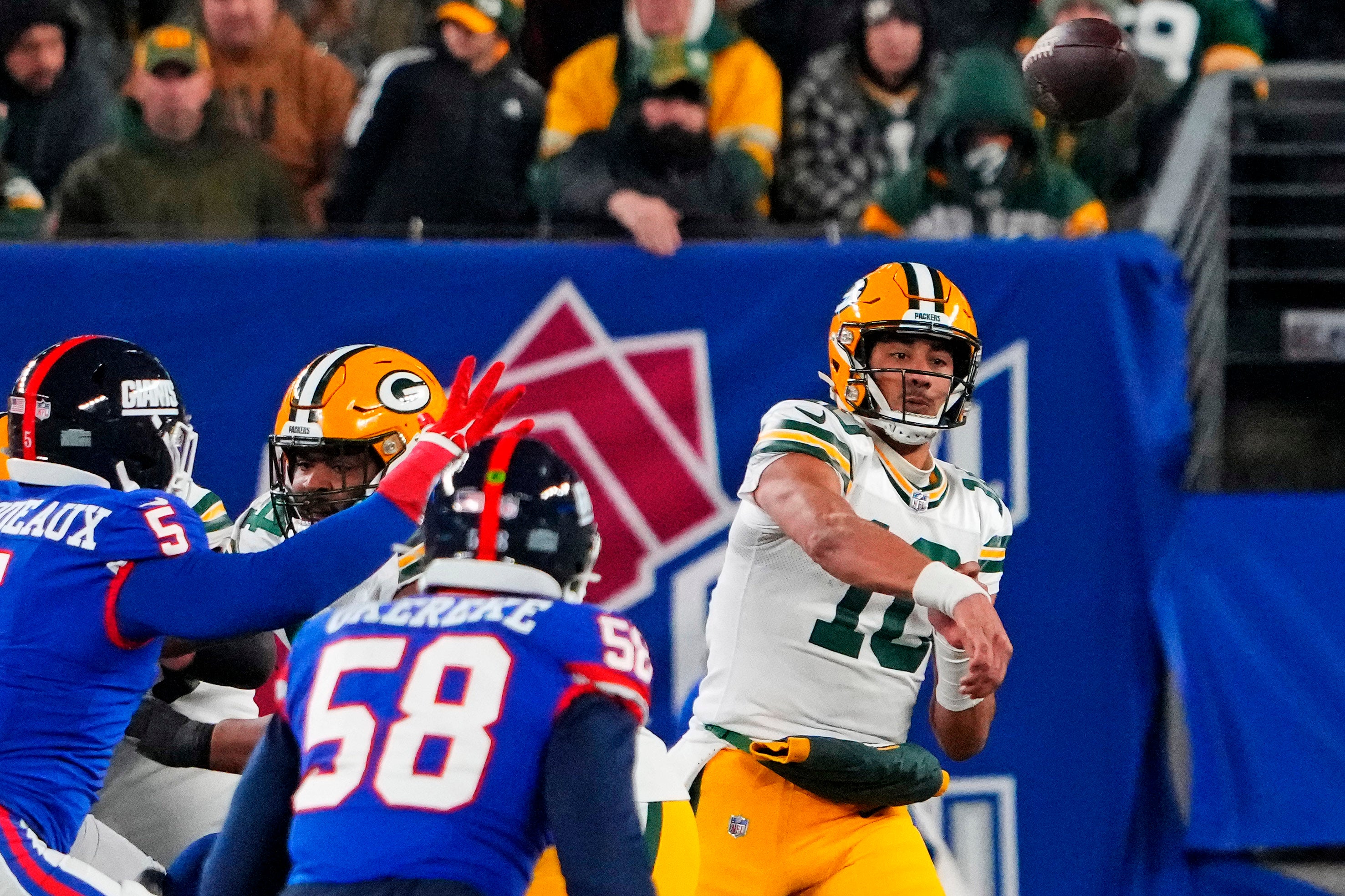 Dec 11, 2023; East Rutherford, New Jersey, USA; Green Bay Packers quarterback Jordan Love (10) throws a pass during the fourth quarter against the New York Giants at MetLife Stadium.