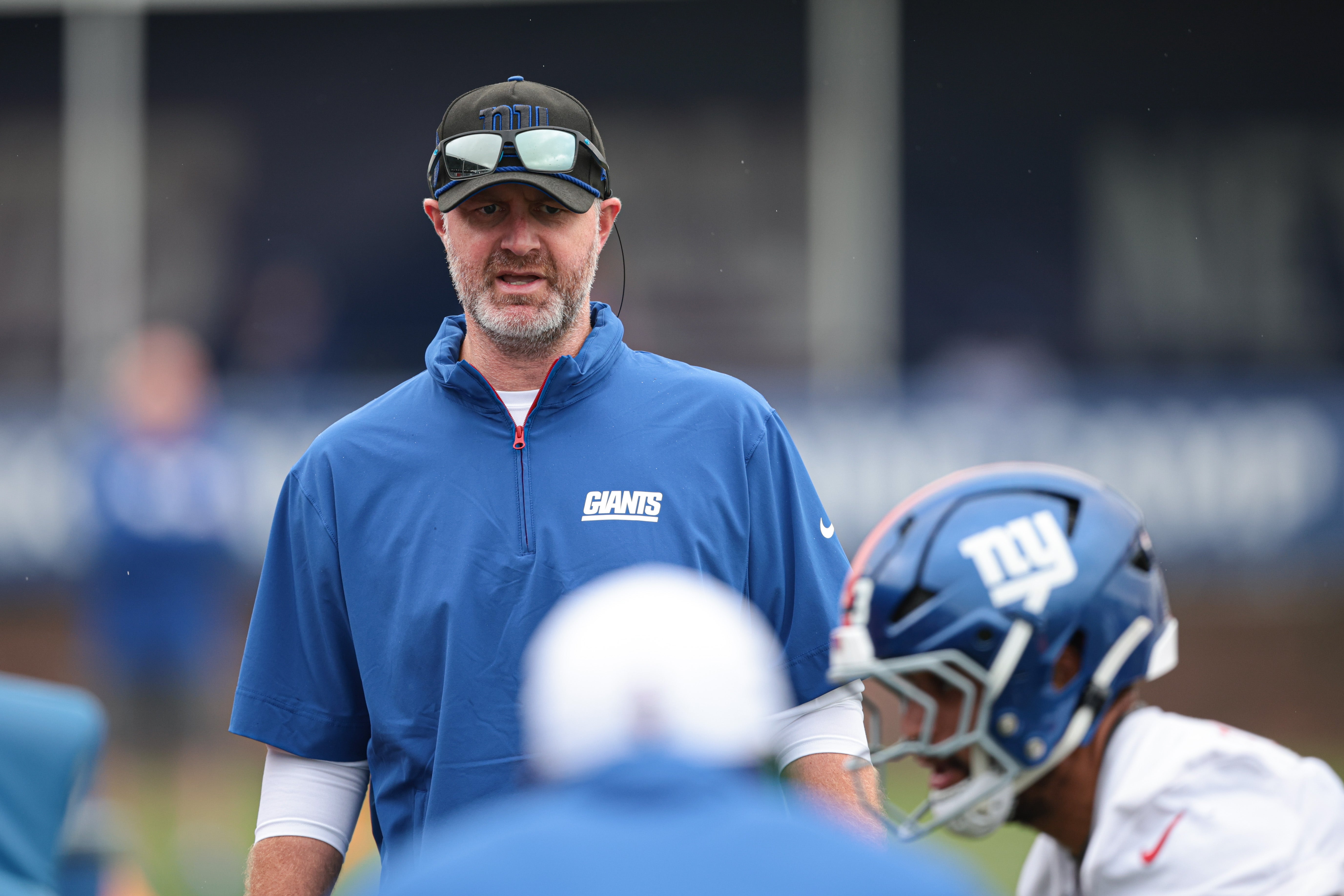 Jul 24, 2024; East Rutherford, NJ, USA; New York Giants defensive coordinator Shane Bowen looks on during training camp at Quest Diagnostics Training Facility.