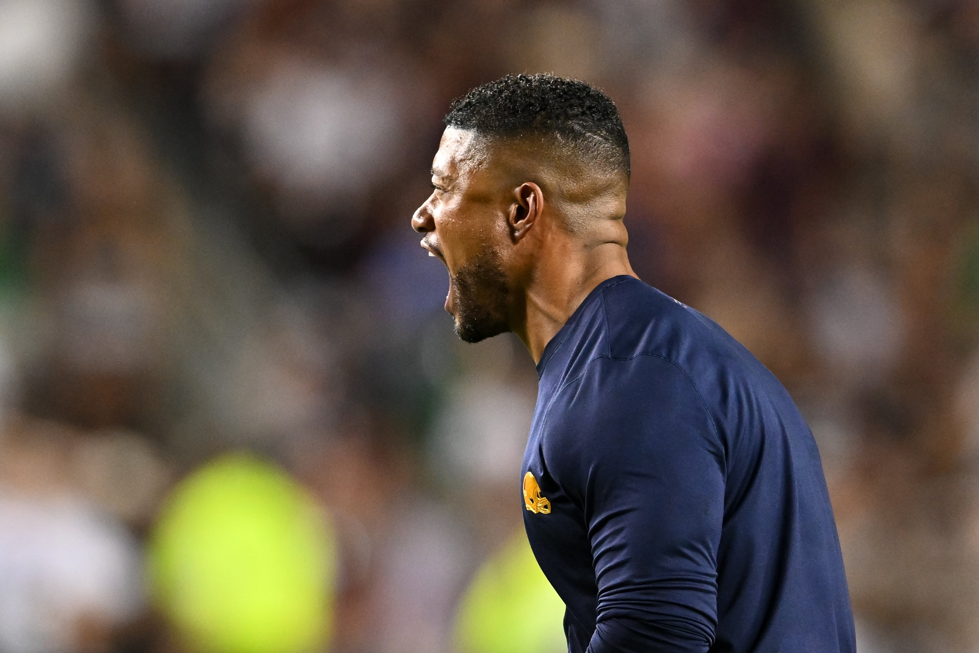 Aug 31, 2024; College Station, Texas, USA; Notre Dame Fighting Irish head coach Marcus Freeman reacts in the fourth quarter against the Texas A&M Aggies at Kyle Field. Mandatory Credit: Maria Lysaker-USA TODAY Sports