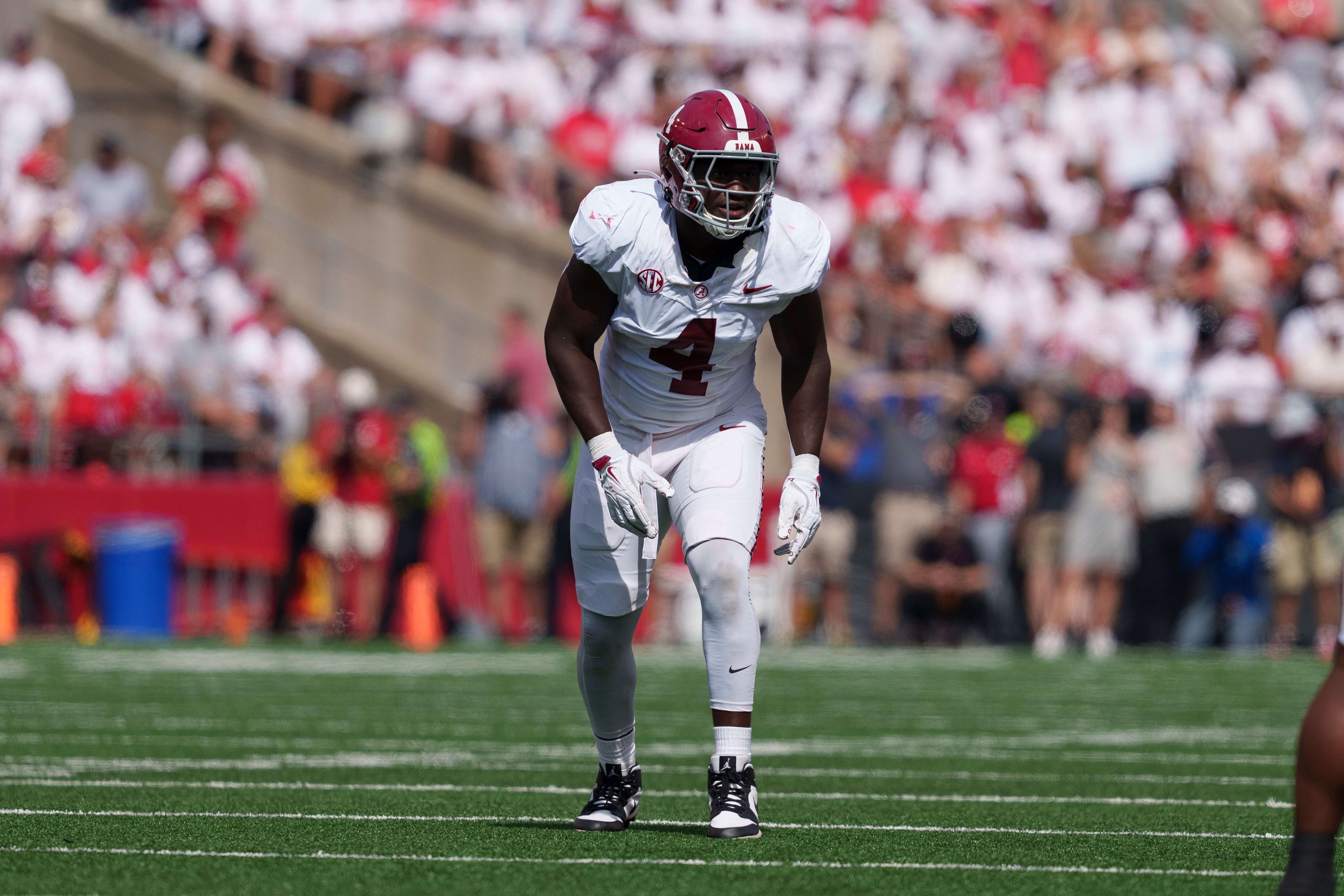 Sep 14, 2024; Madison, Wisconsin, USA; Alabama Crimson Tide linebacker Qua Russaw (4) during the game against the Wisconsin Badgers at Camp Randall Stadium.