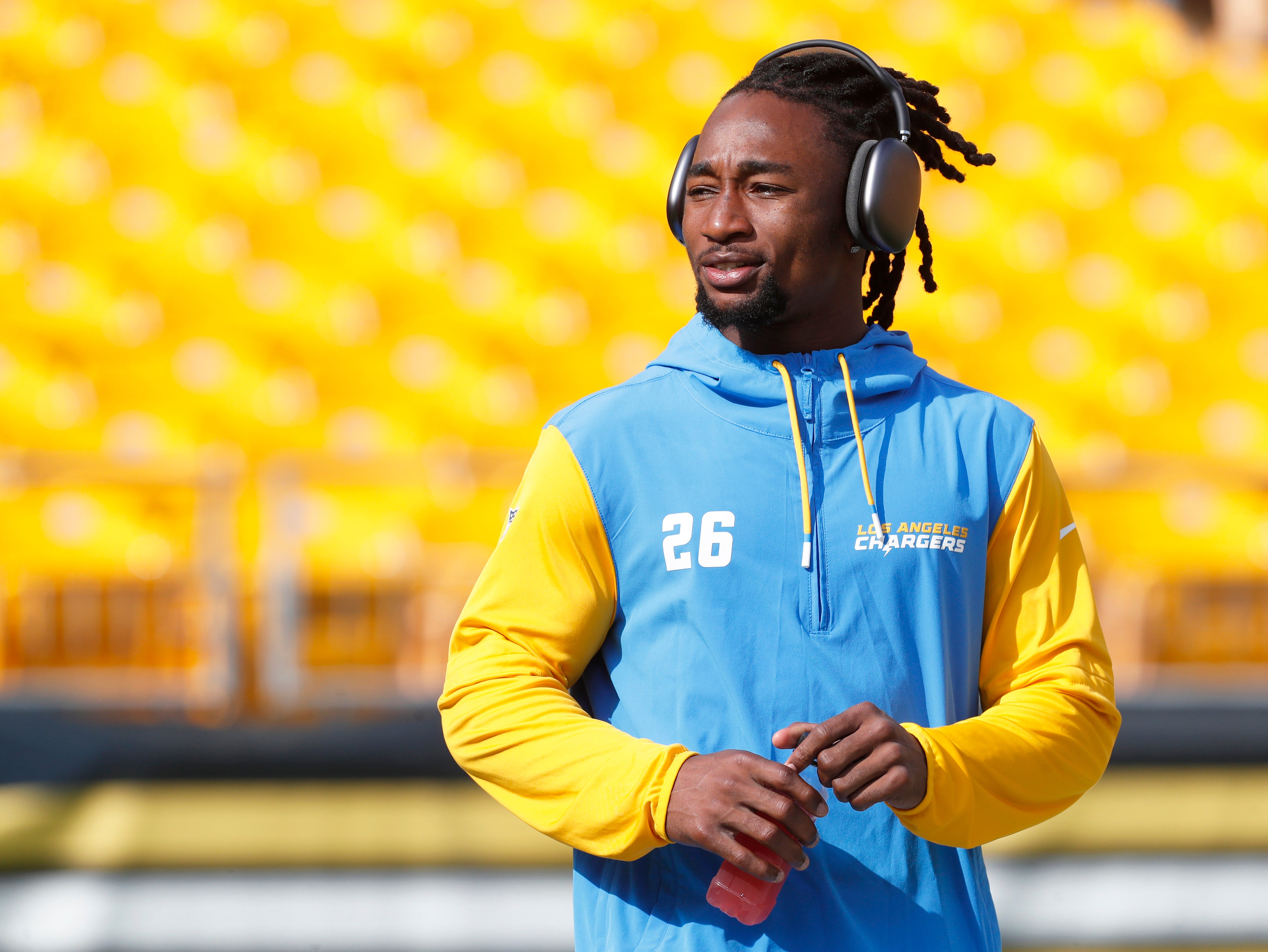 Sep 22, 2024; Pittsburgh, Pennsylvania, USA; Los Angeles Chargers cornerback Asante Samuel Jr. (26) walks the field before playing the Pittsburgh Steelers at Acrisure Stadium.