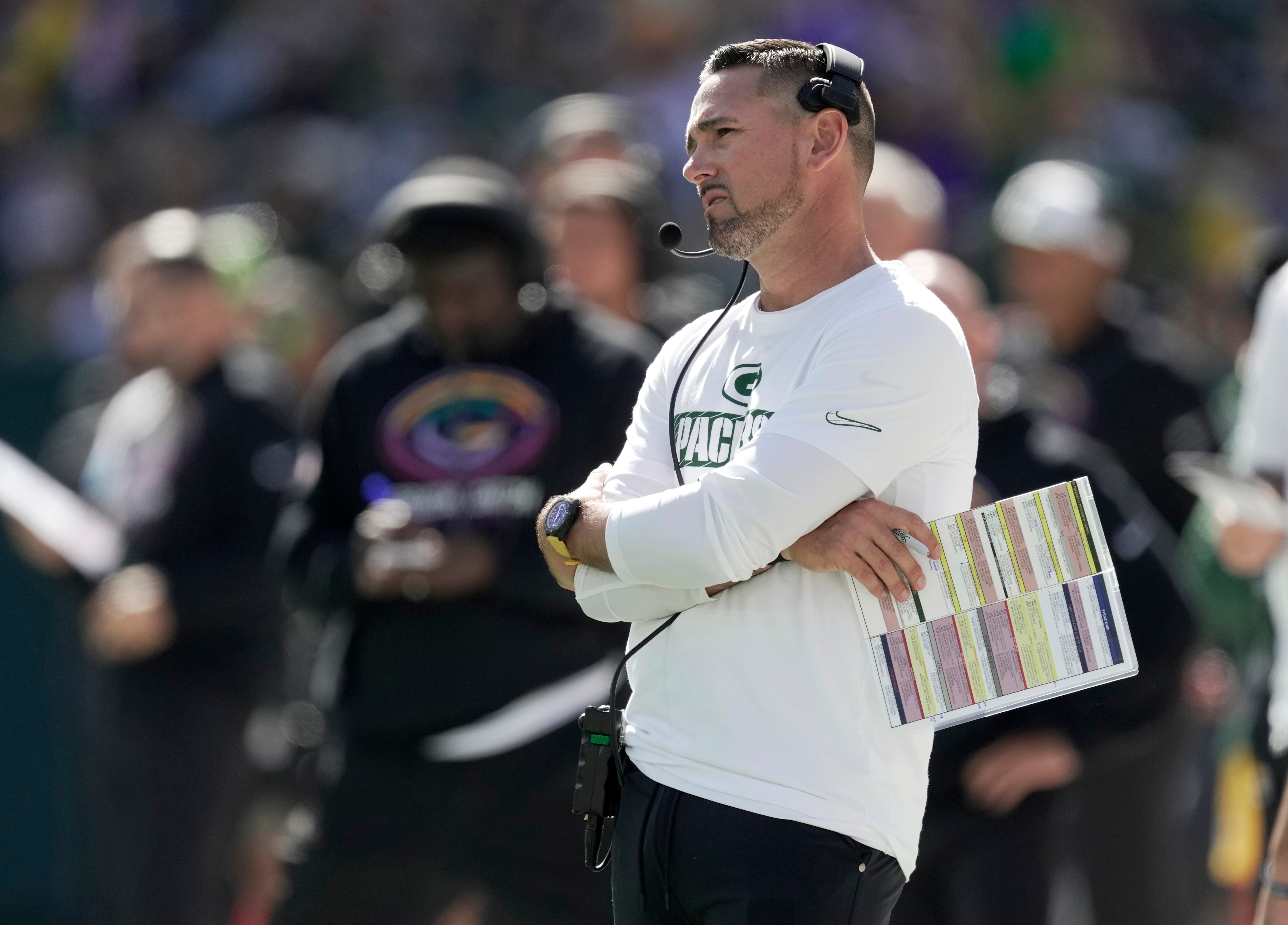 Sep 29, 2024; Green Bay, Wisconsin, USA; Green Bay Packers head coach Matt LaFleur is shown during the first quarter of their game against the Minnesota Vikings Sunday, September 29, 2024 at Lambeau Field in Green Bay, Wisconsin.