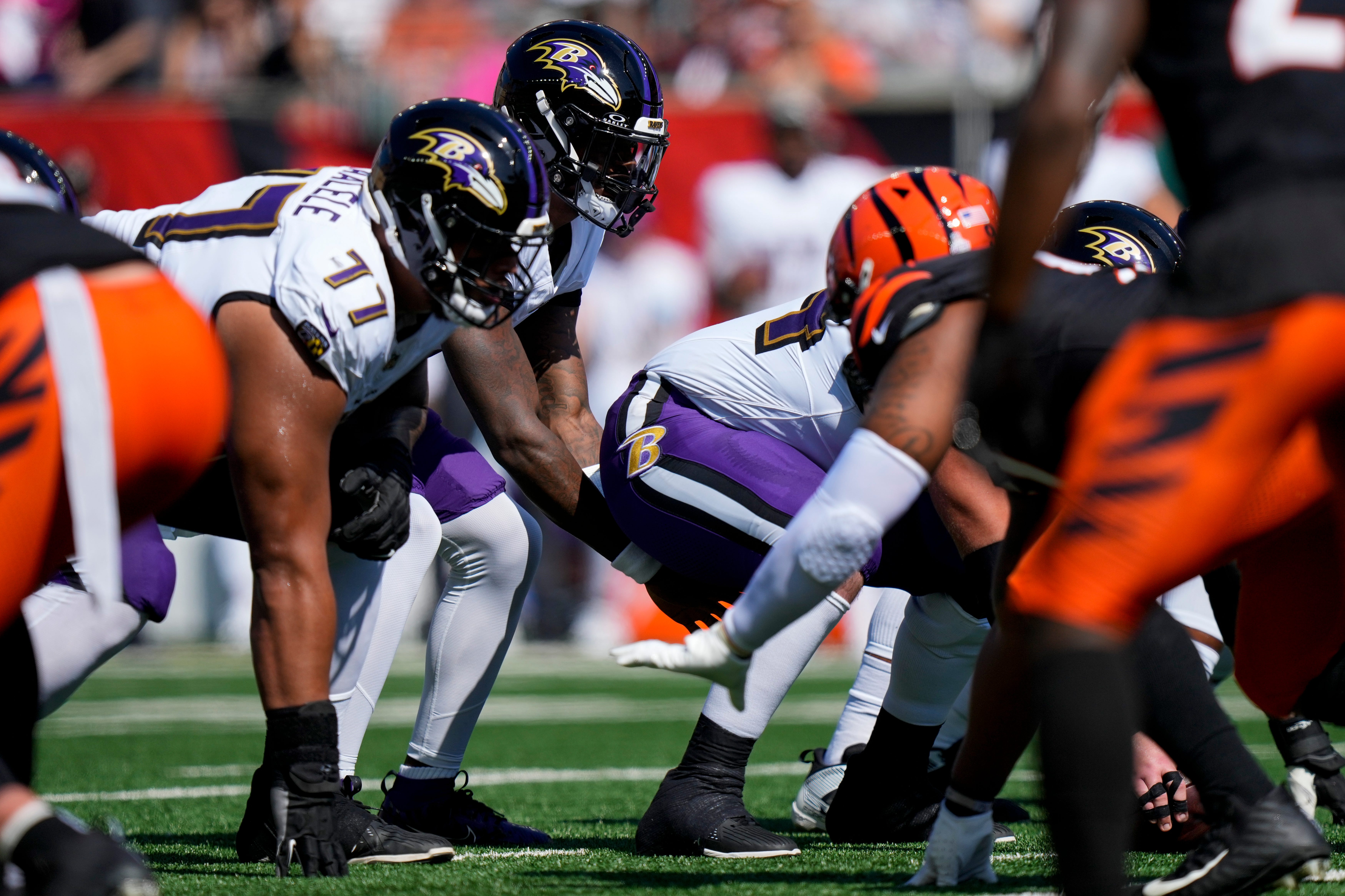 Baltimore Ravens quarterback Lamar Jackson (8) lines up under center in the first quarter of the NFL Week 5 game between the Cincinnati Bengals and Baltimore Ravens at Paycor Stadium in downtown Cincinnati on Sunday, Oct. 6, 2024. The Bengals led 17-14 at halftime.