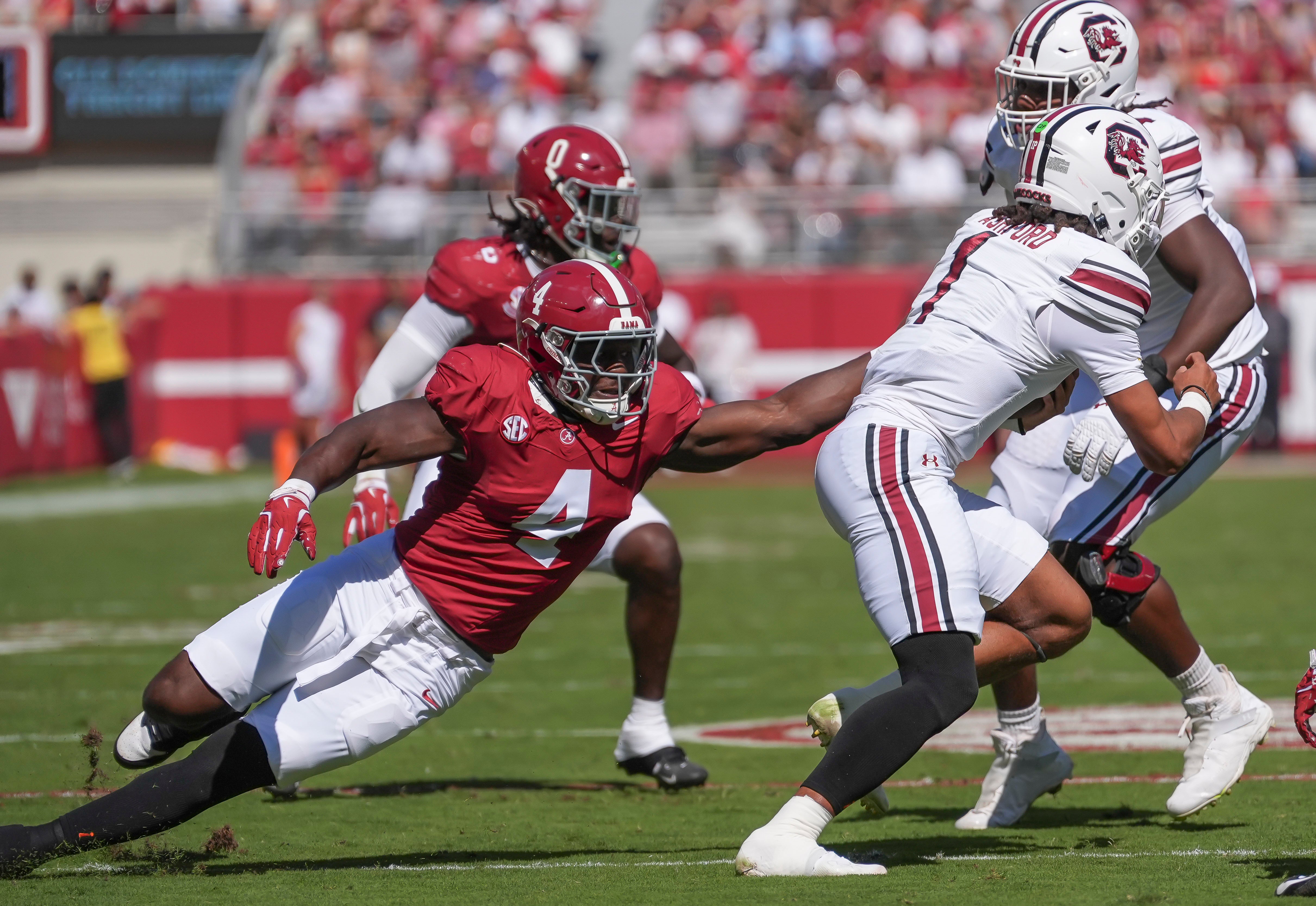 Oct 12, 2024; Tuscaloosa, Alabama, USA; Alabama Crimson Tide linebacker Qua Russaw (4) tries to bring down South Carolina Gamecocks quarterback Robby Ashford (1) at Bryant-Denny Stadium.