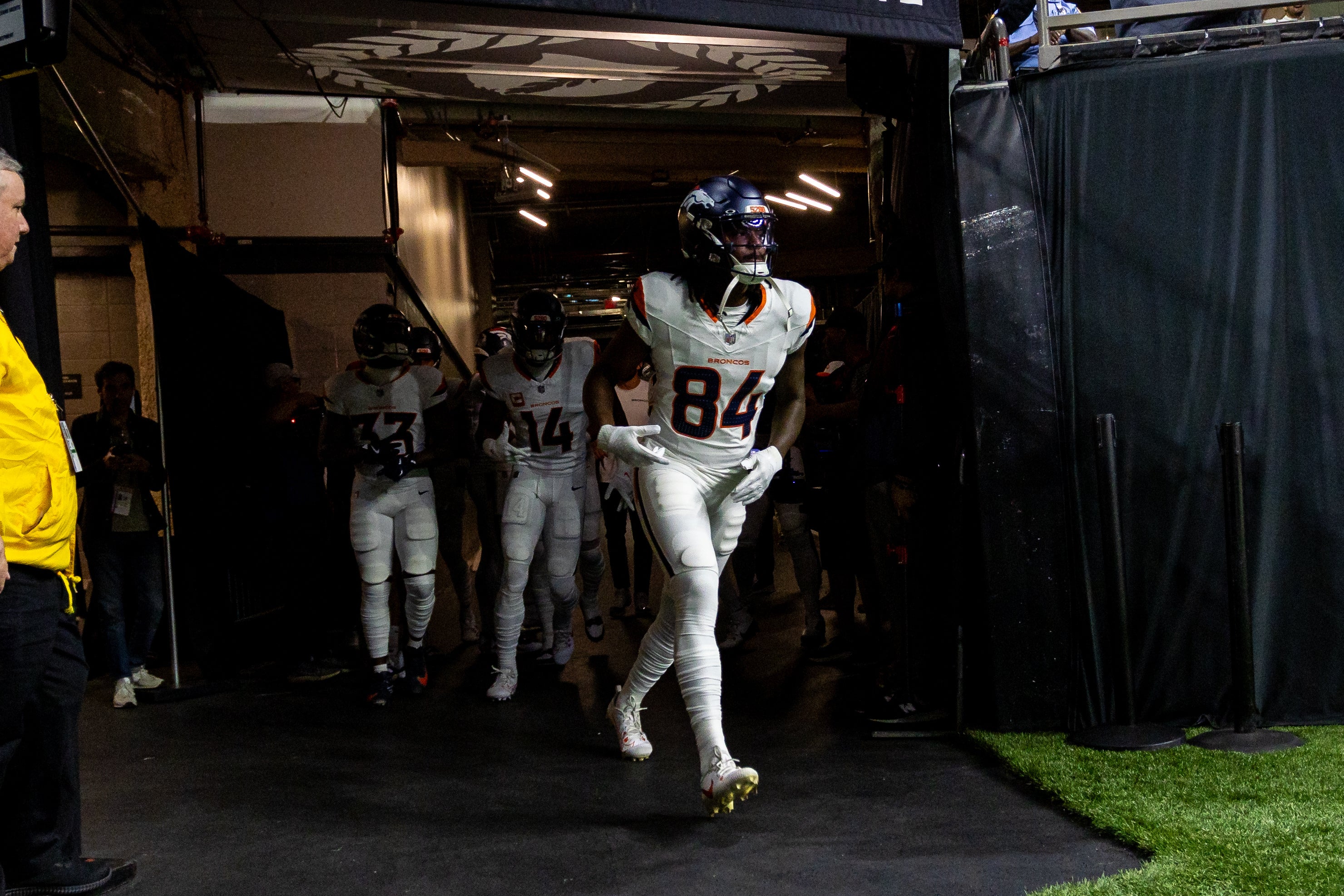 Oct 17, 2024; New Orleans, Louisiana, USA; Denver Broncos wide receiver Lil'Jordan Humphrey (84) runs out the tunnel during the warmups before the game against the New Orleans Saints at Caesars Superdome.