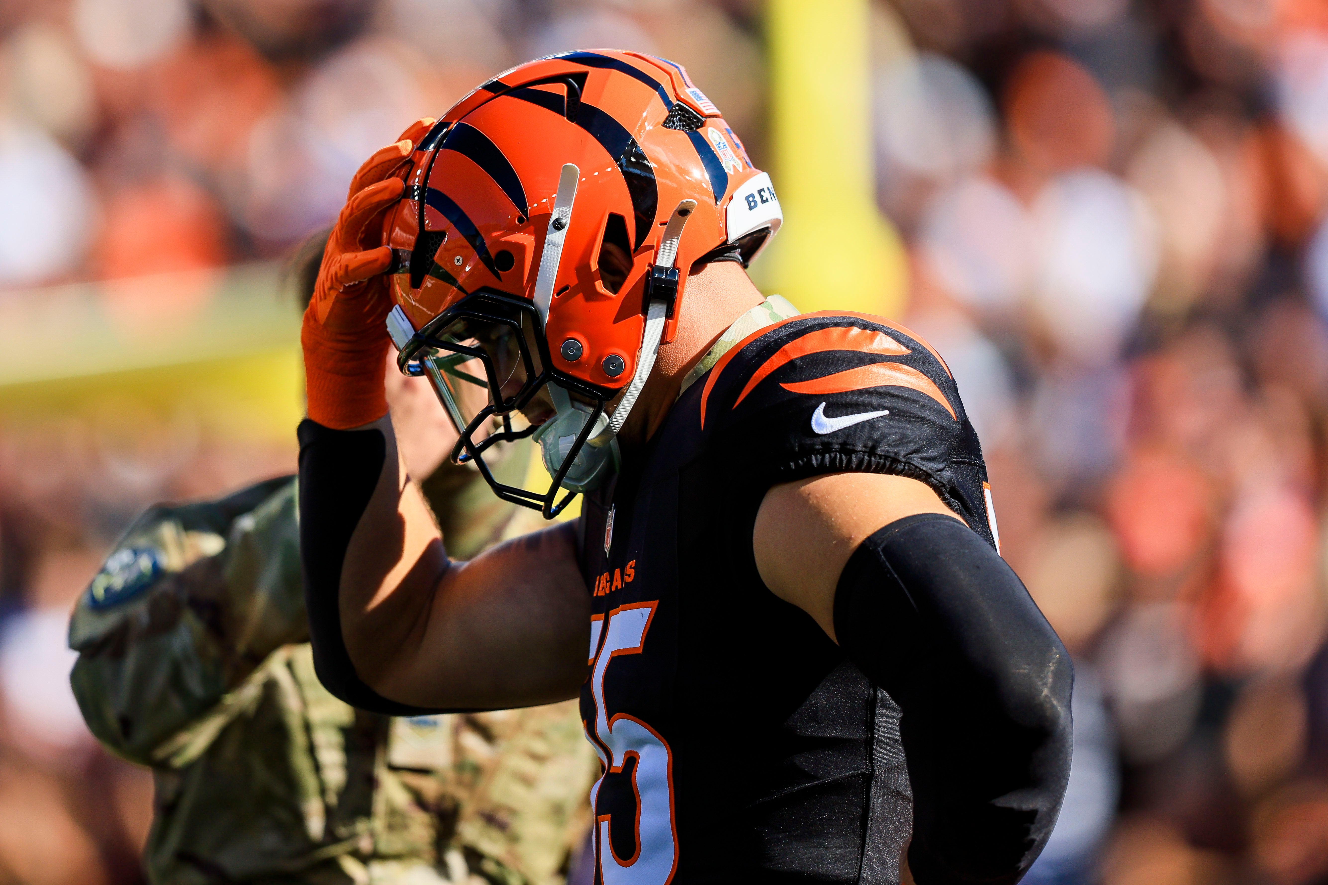 Nov 3, 2024; Cincinnati, Ohio, USA; Cincinnati Bengals linebacker Logan Wilson (55) runs onto the field before the game against the Las Vegas Raiders at Paycor Stadium.