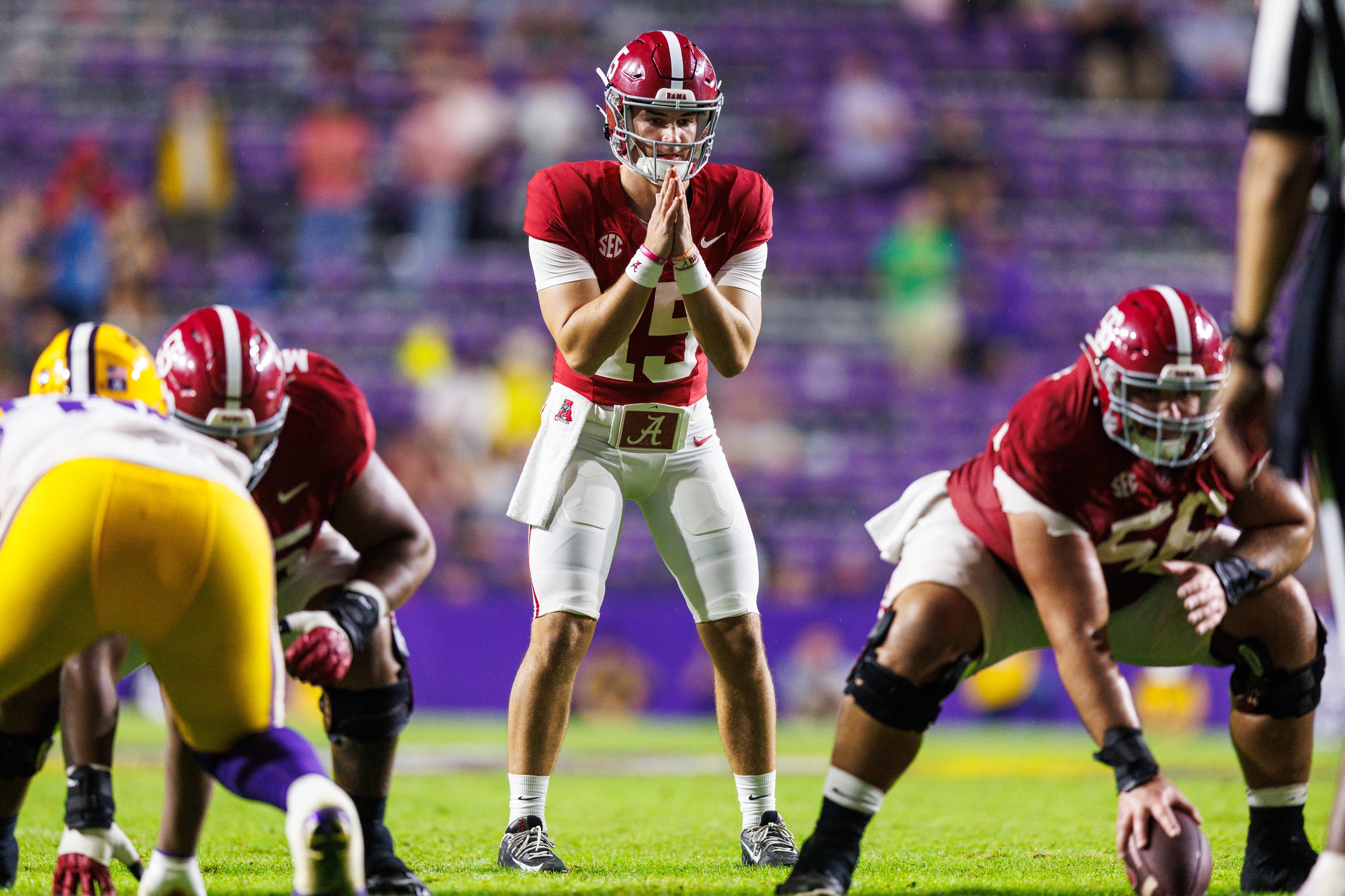 Nov 9, 2024; Baton Rouge, Louisiana, USA; Alabama Crimson Tide quarterback Ty Simpson (15) calls for the ball against the LSU Tigers during the second half at Tiger Stadium.