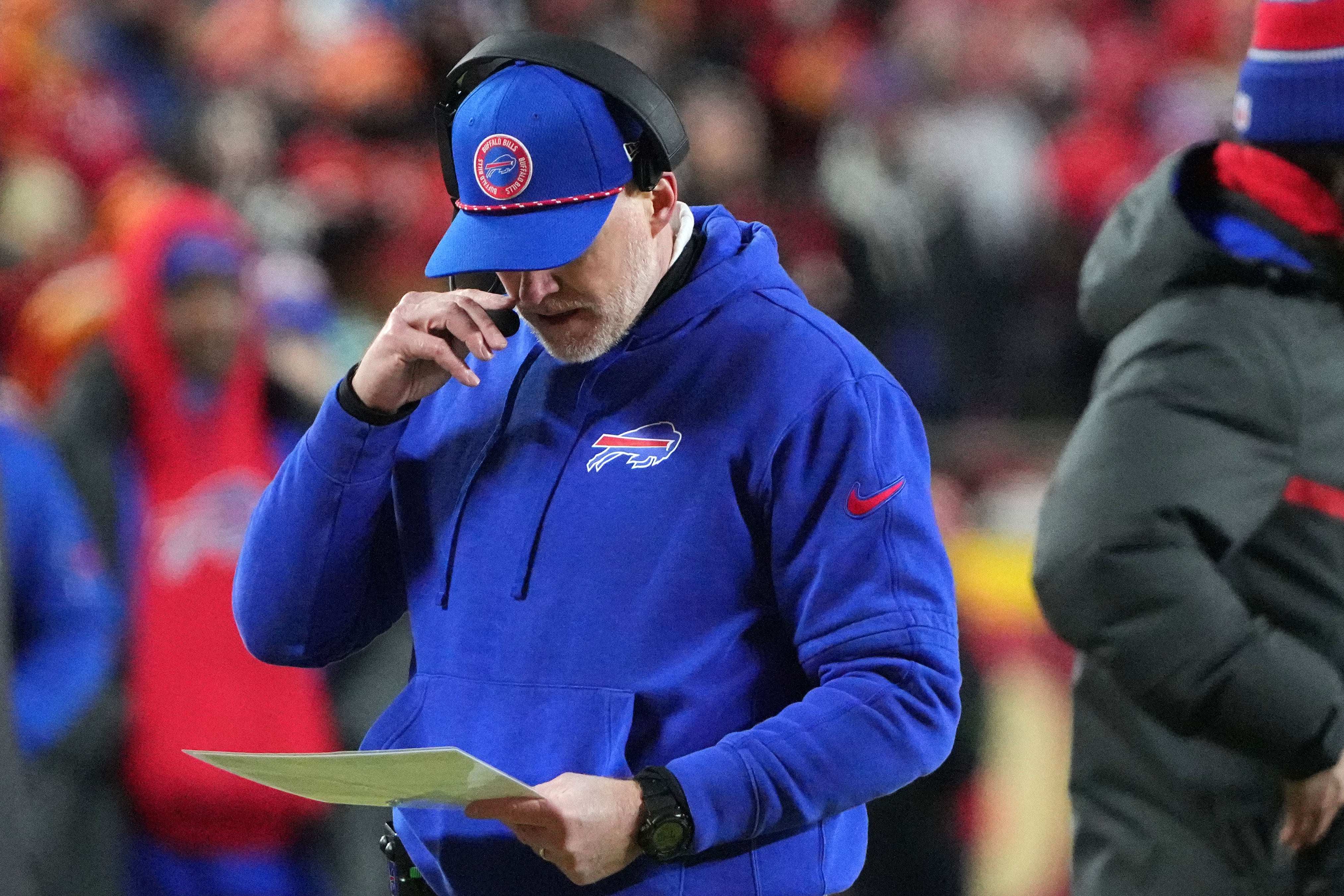 Jan 26, 2025; Kansas City, MO, USA; Buffalo Bills head coach Sean McDermott during the first half in the AFC Championship game at GEHA Field at Arrowhead Stadium.