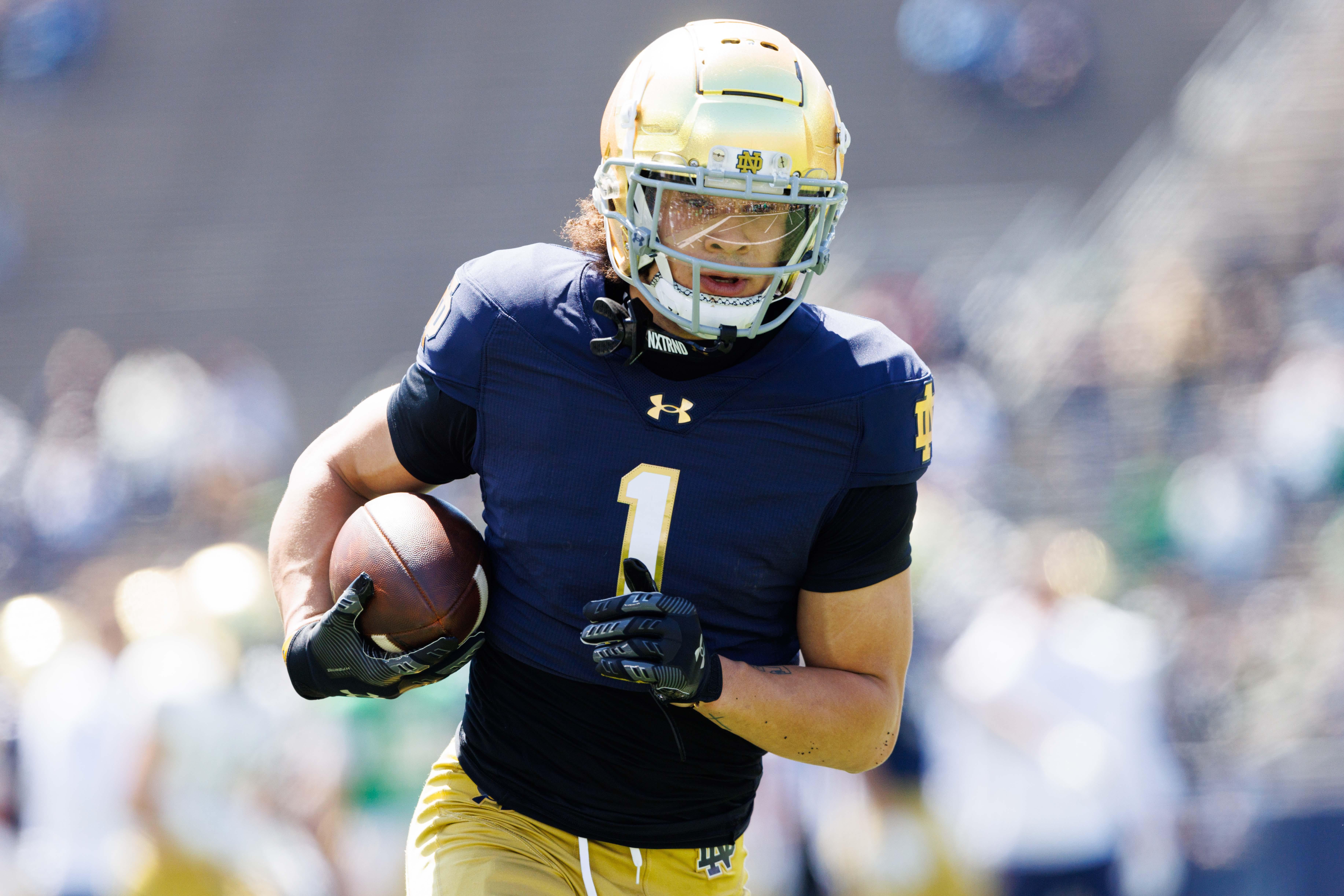Notre Dame wide receiver Jaden Greathouse warms up during the Notre Dame Blue-Gold spring football game at Notre Dame Stadium on Saturday, April 12, 2025, in South Bend.