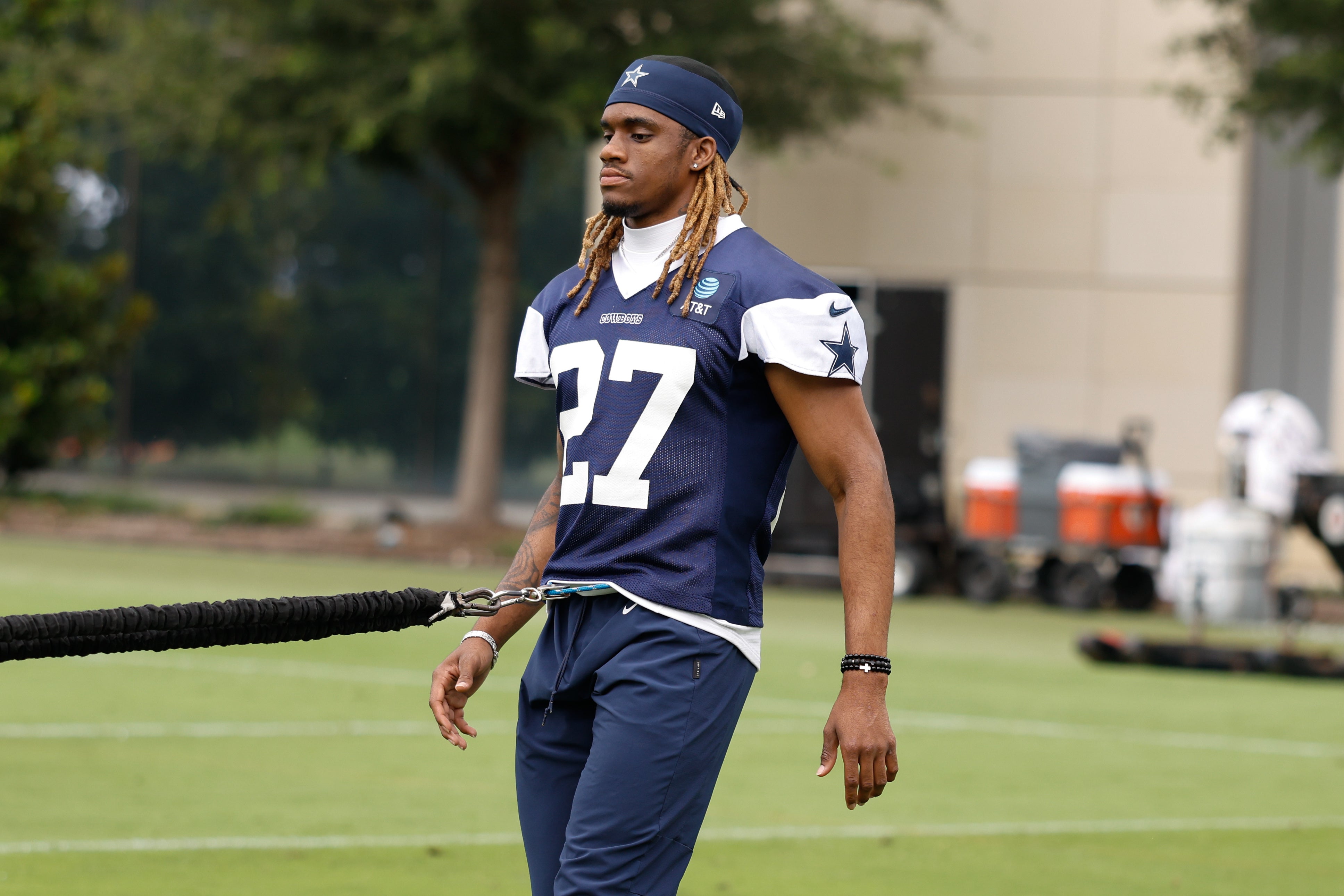 Jun 10, 2025; Arlington, TX, USA; Dallas Cowboys cornerback Shavon Revel Jr. (27) goes through a drill during practice at the Ford Center at the Star Training Facility in Frisco, Texas.
