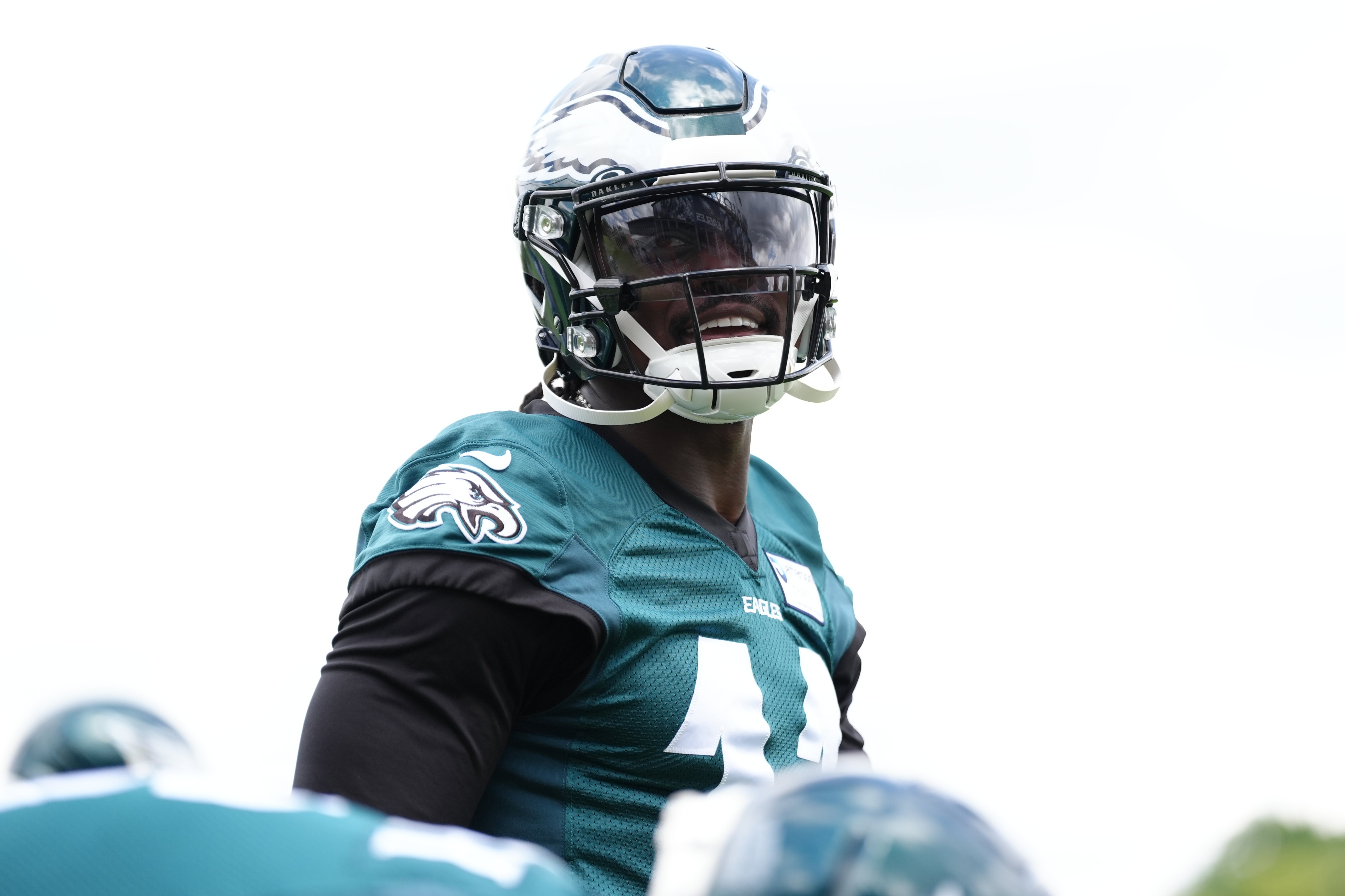 Jun 10, 2025; Philadelphia, PA, USA; Philadelphia Eagles wide receiver A.J. Brown (11) reacts during warmups at NovaCare Complex.