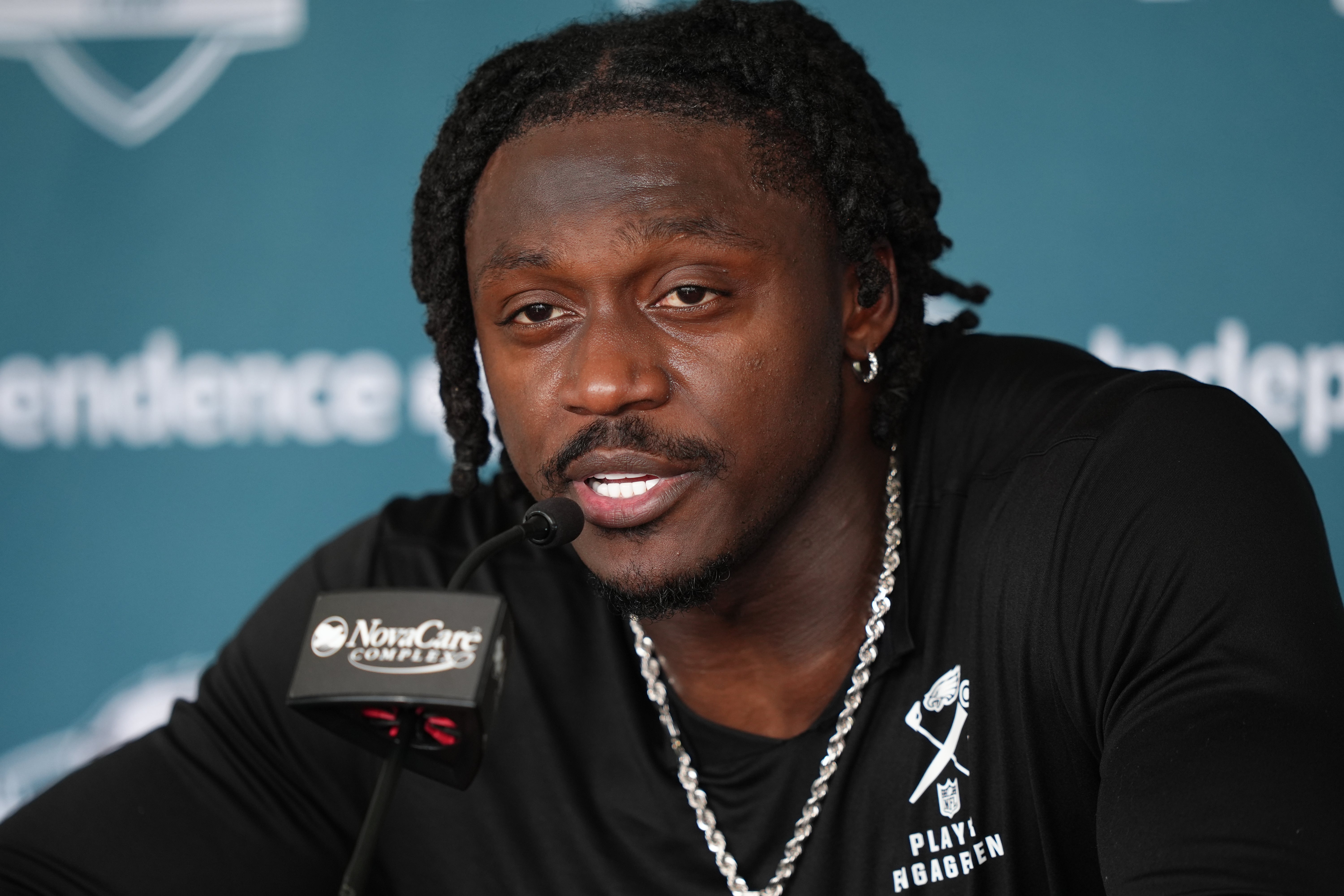 Philadelphia Eagles wide receiver A.J. Brown (11) addresses media during training camp at NovaCare Complex.