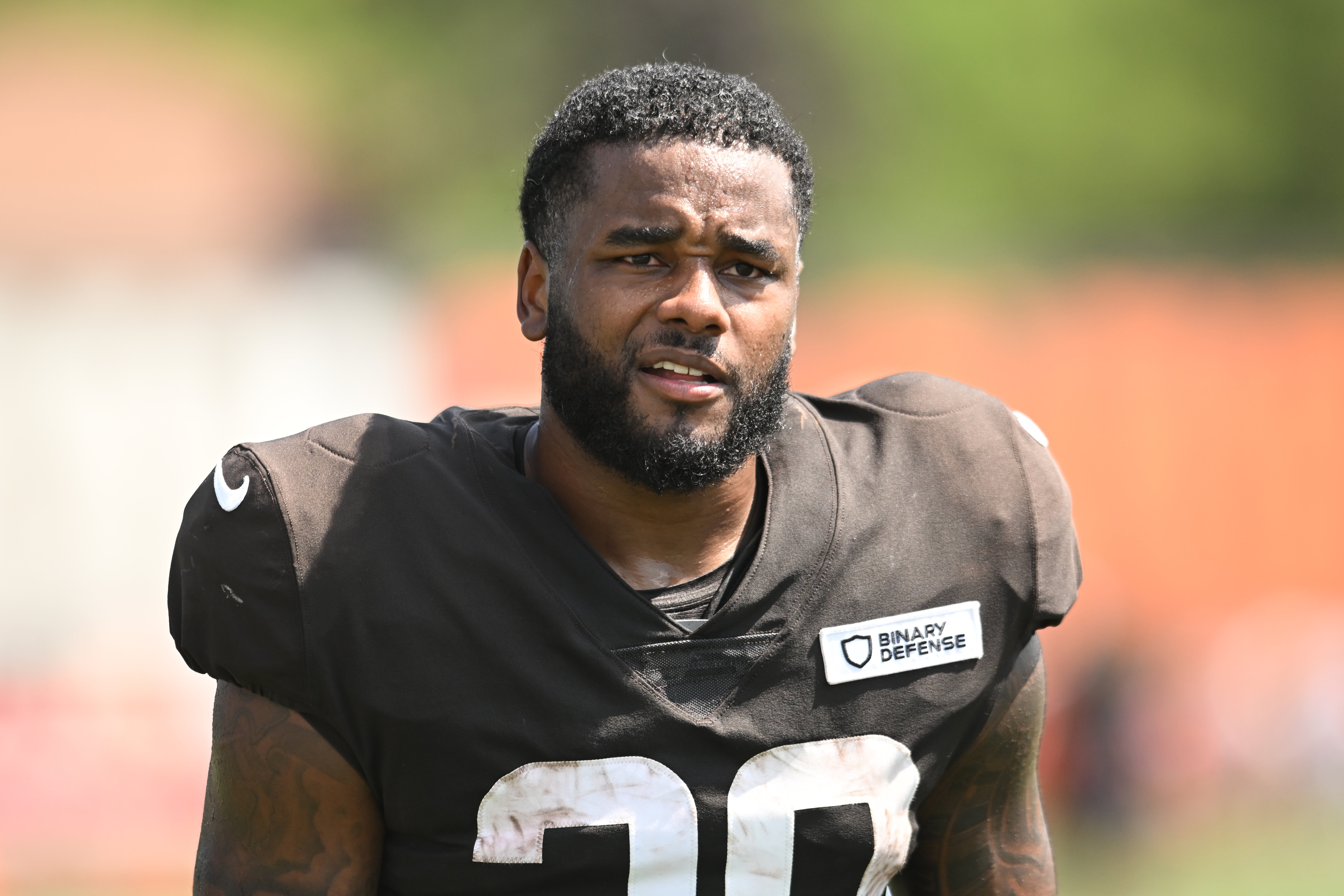 Jul 28, 2025; Berea, OH, USA; Cleveland Browns running back Pierre Strong Jr. (20) during training camp at CrossCountry Mortgage Campus.