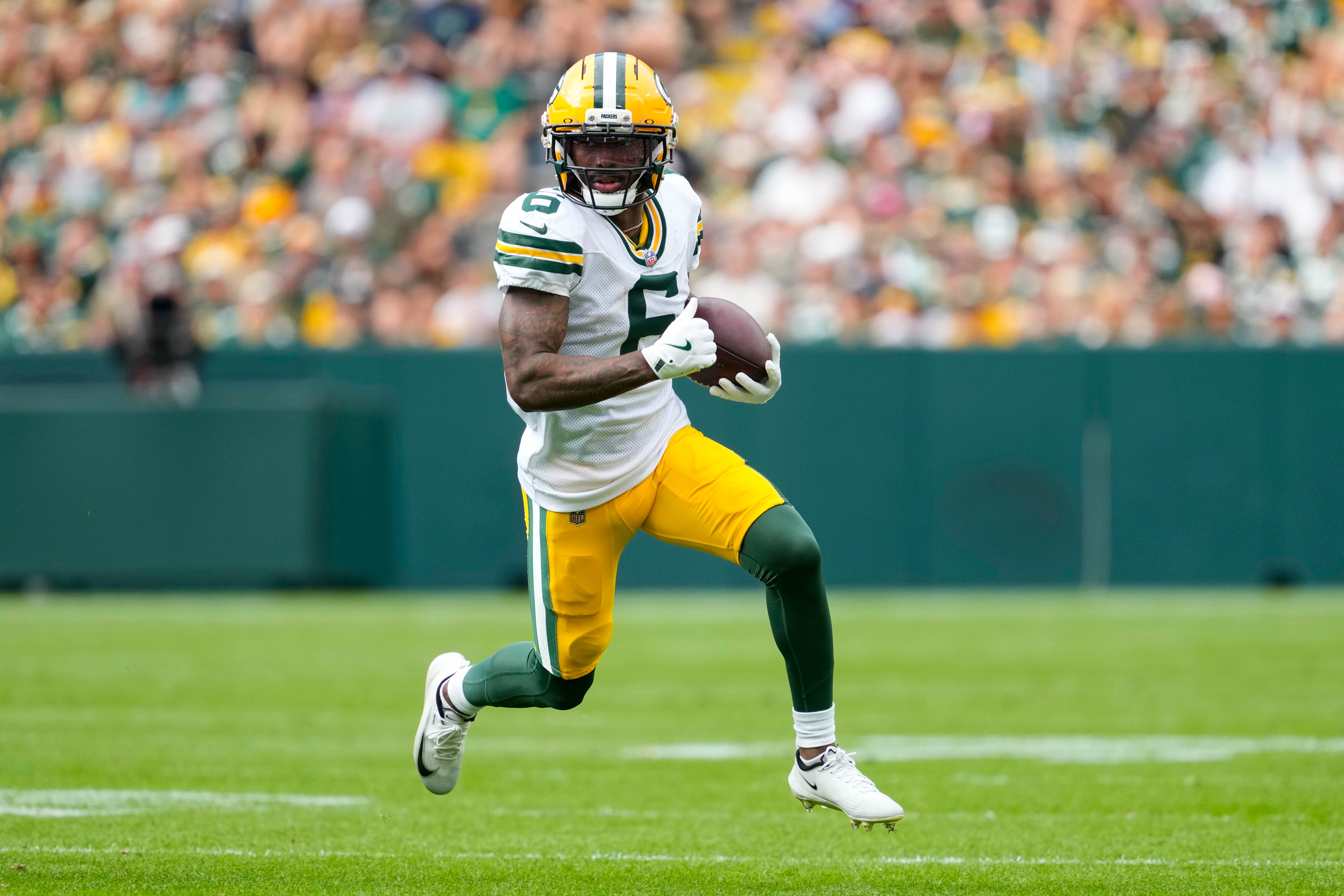 Aug 23, 2025; Green Bay, Wisconsin, USA; Green Bay Packers wide receiver Mecole Hardman (6) during the game against the Seattle Seahawks at Lambeau Field.