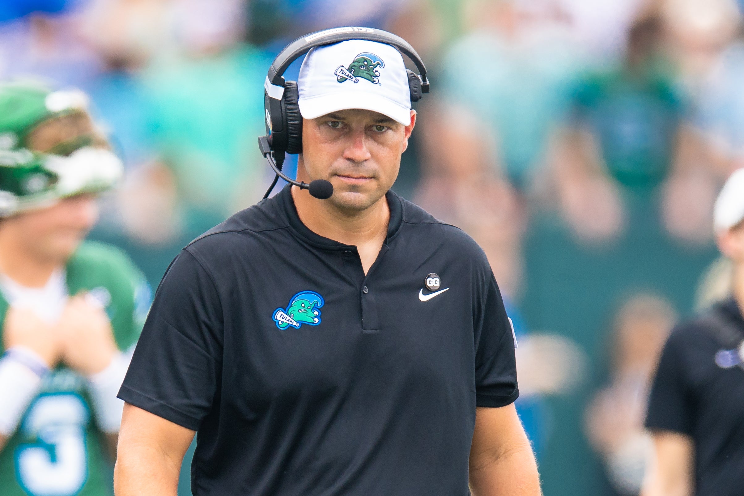 Aug 30, 2025; New Orleans, Louisiana, USA; Tulane Green Wave head coach Jon Sumrall looks on against Northwestern Wildcats during the first half at Yulman Stadium.