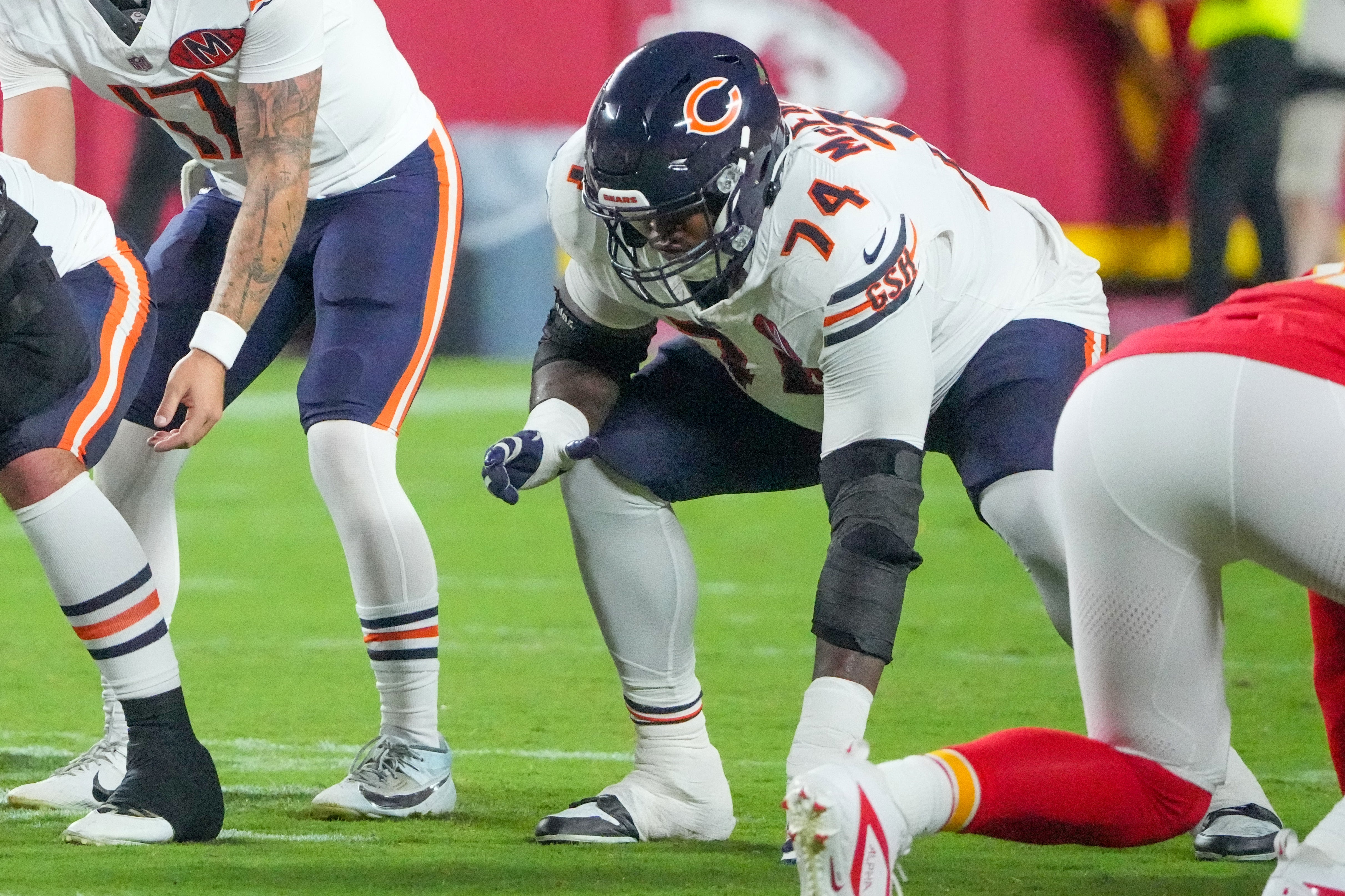 Aug 22, 2025; Kansas City, Missouri, USA; Chicago Bears guard Jordan McFadden (74) at the line of scrimmage against the Kansas City Chiefs during the game at GEHA Field at Arrowhead Stadium.