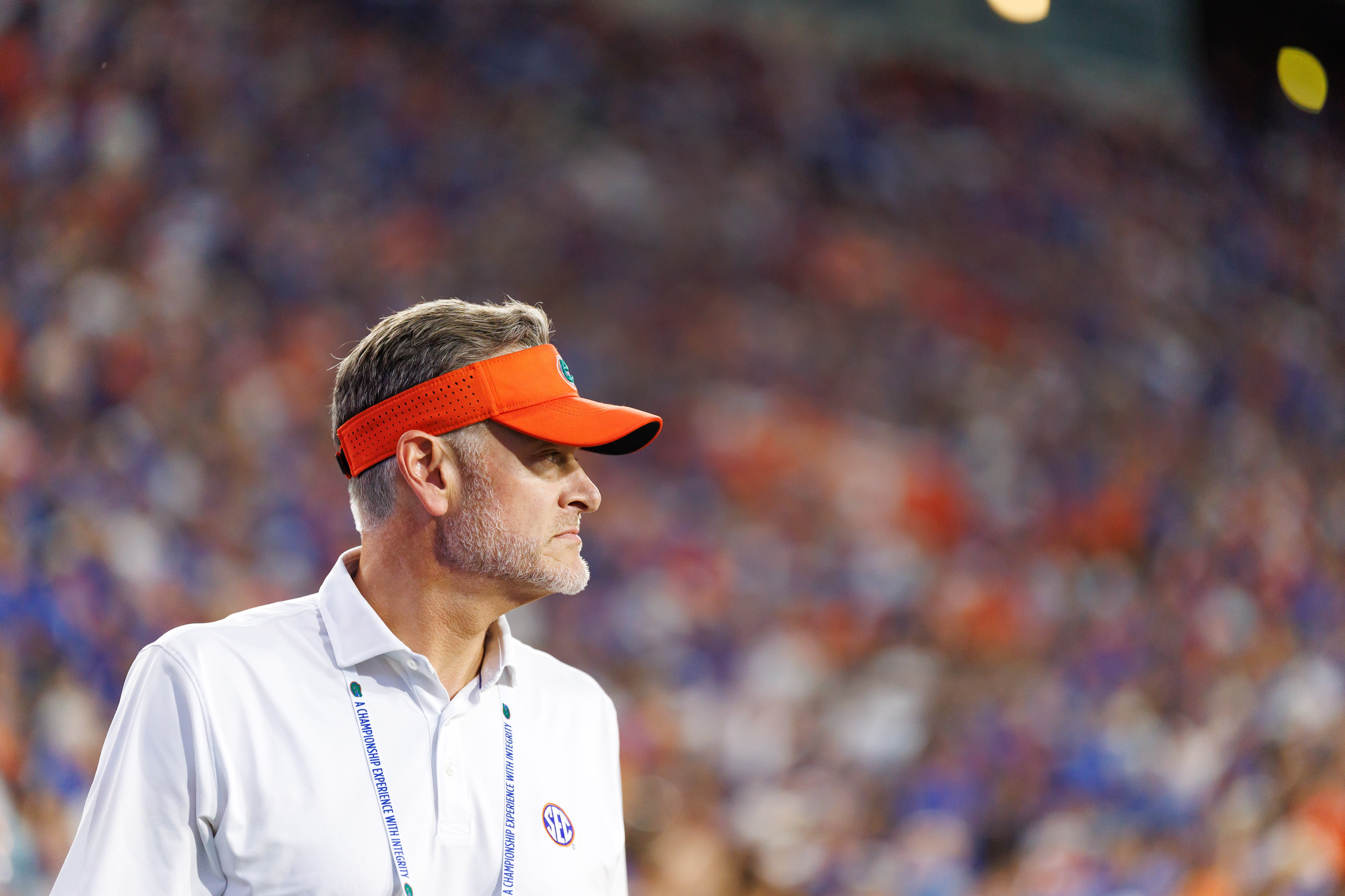 Sep 6, 2025; Gainesville, Florida, USA; Florida Gators athletic director Scott Stricklin looks on against the Florida Gators during the second half at Ben Hill Griffin Stadium.