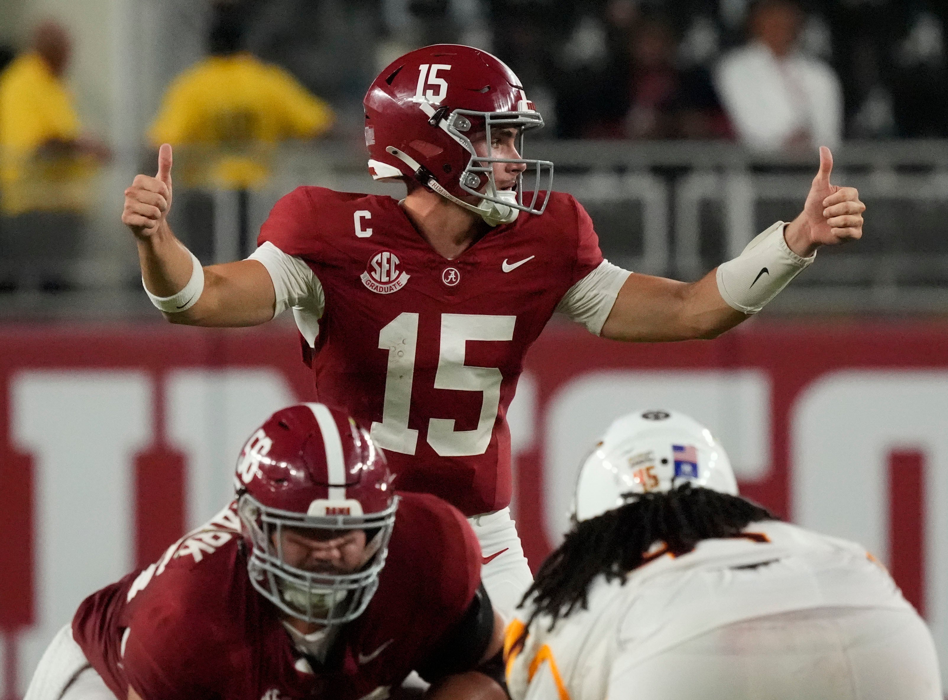 Sep 6, 2025; Tuscaloosa, Alabama, USA; Alabama quarterback Ty Simpson (15) flashes a signal to his offense during the game with UL Monroe at Saban Field at Bryant-Denny Stadium.