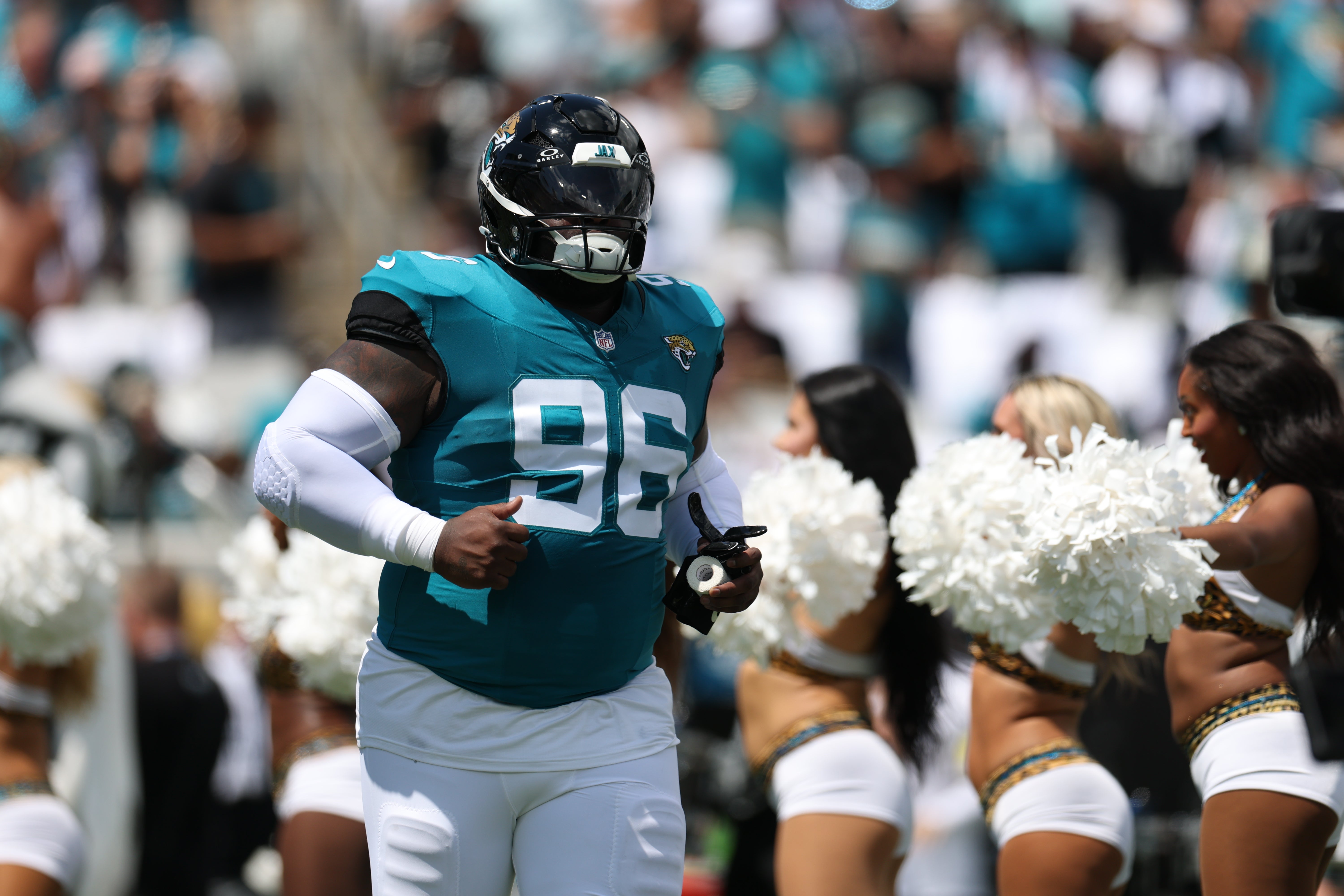 Sep 7, 2025; Jacksonville, Florida, USA; Jacksonville Jaguars defensive tackle Khalen Saunders Sr. (96) takes the field prior to a game against the Carolina Panthers at EverBank Stadium.