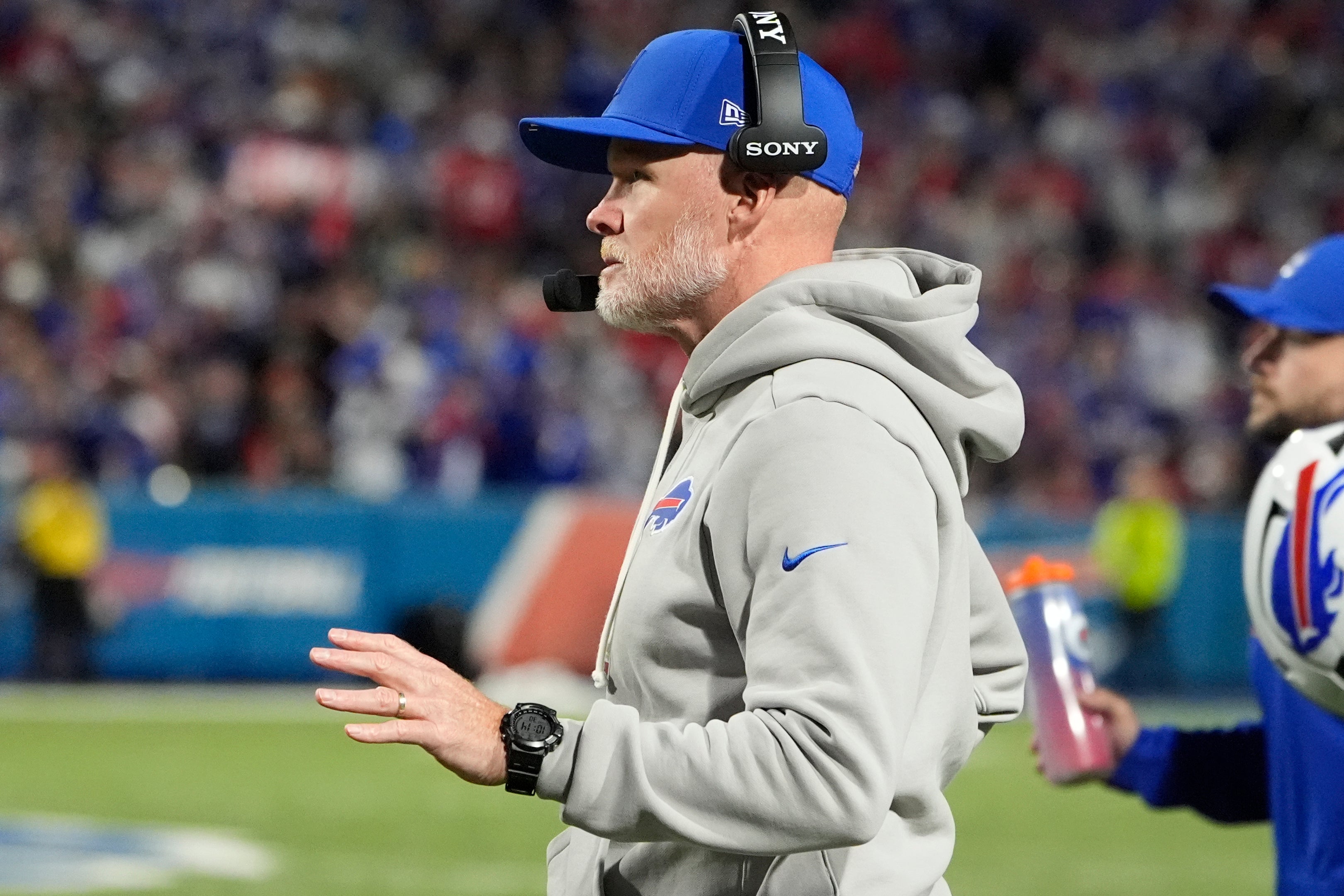Sep 7, 2025; Orchard Park, New York, USA; Buffalo Bills head coach Sean McDermott reacts during the third quarter against the Baltimore Ravens at Highmark Stadium.
