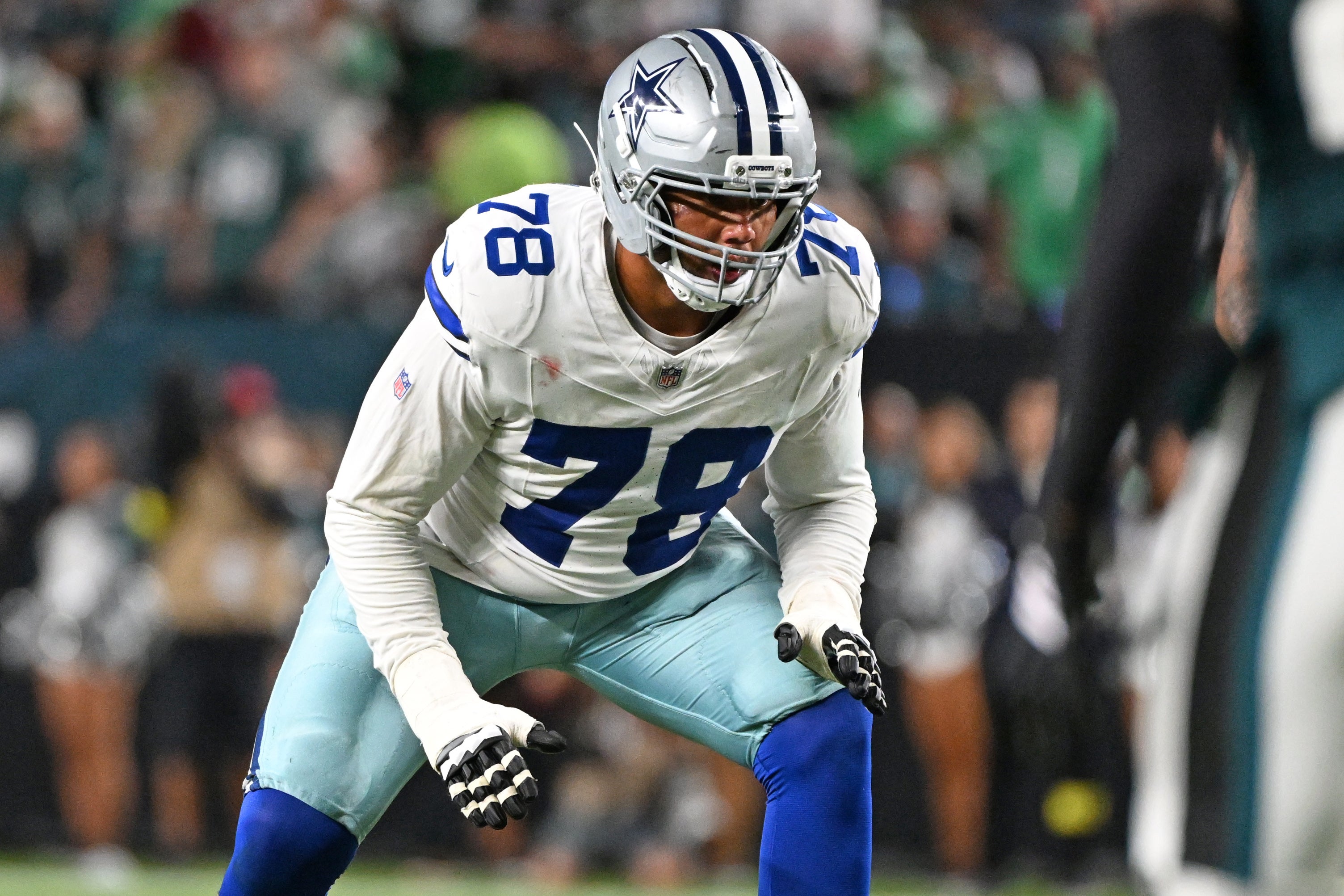 Sep 4, 2025; Philadelphia, Pennsylvania, USA; Dallas Cowboys offensive tackle Terence Steele (78) against the Philadelphia Eagles at Lincoln Financial Field.