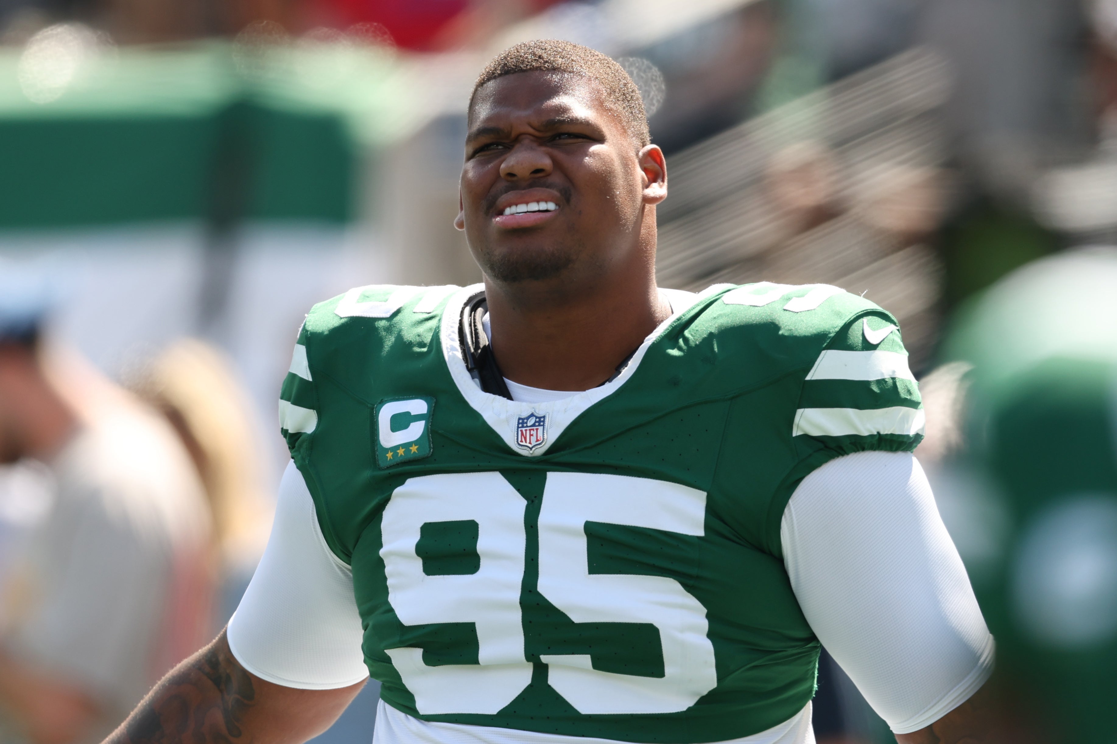 Sep 14, 2025; East Rutherford, New Jersey, USA; New York Jets defensive tackle Quinnen Williams (95) before the game against the Buffalo Bills at MetLife Stadium.