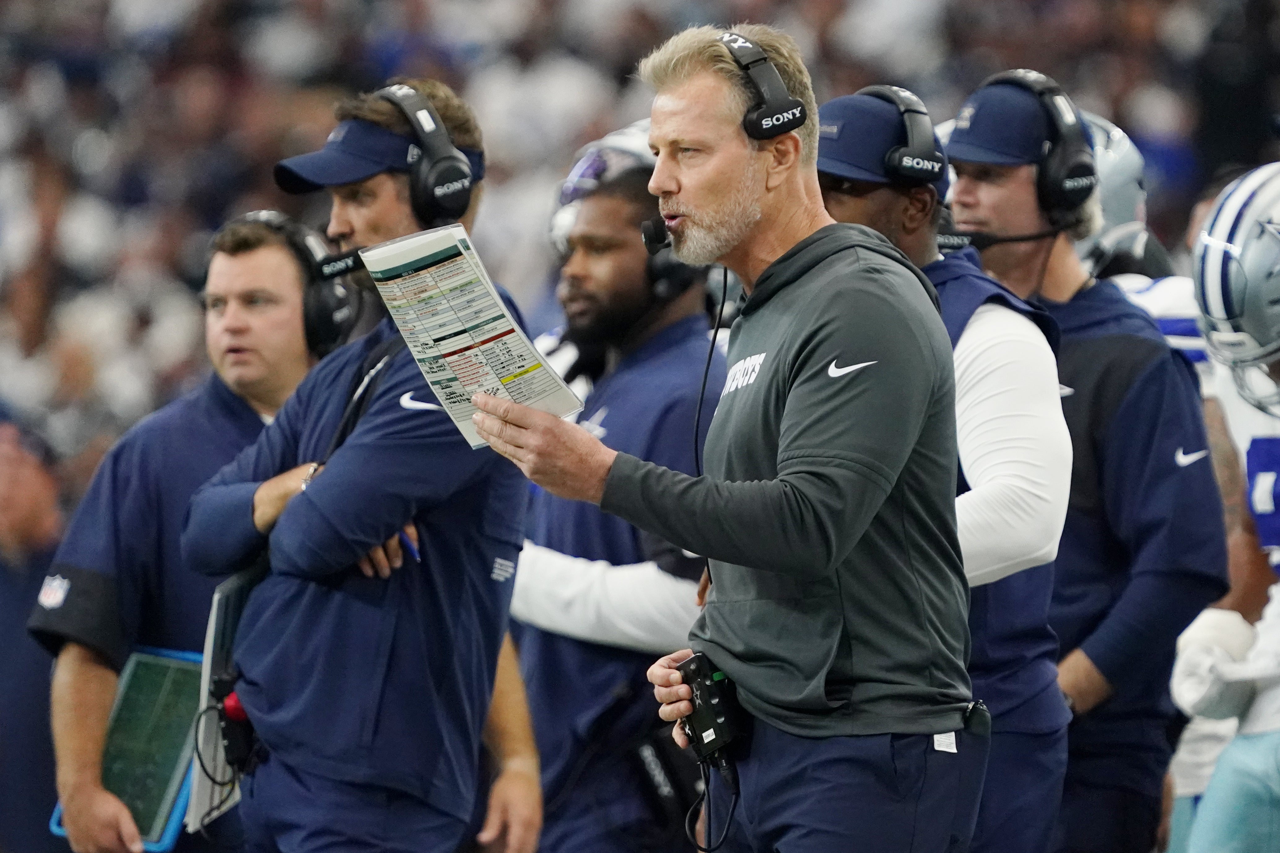 Sep 14, 2025; Arlington, Texas, USA; Dallas Cowboys defensive coordinator Matt Eberflus on the sideline during the first quarter at AT&T Stadium.