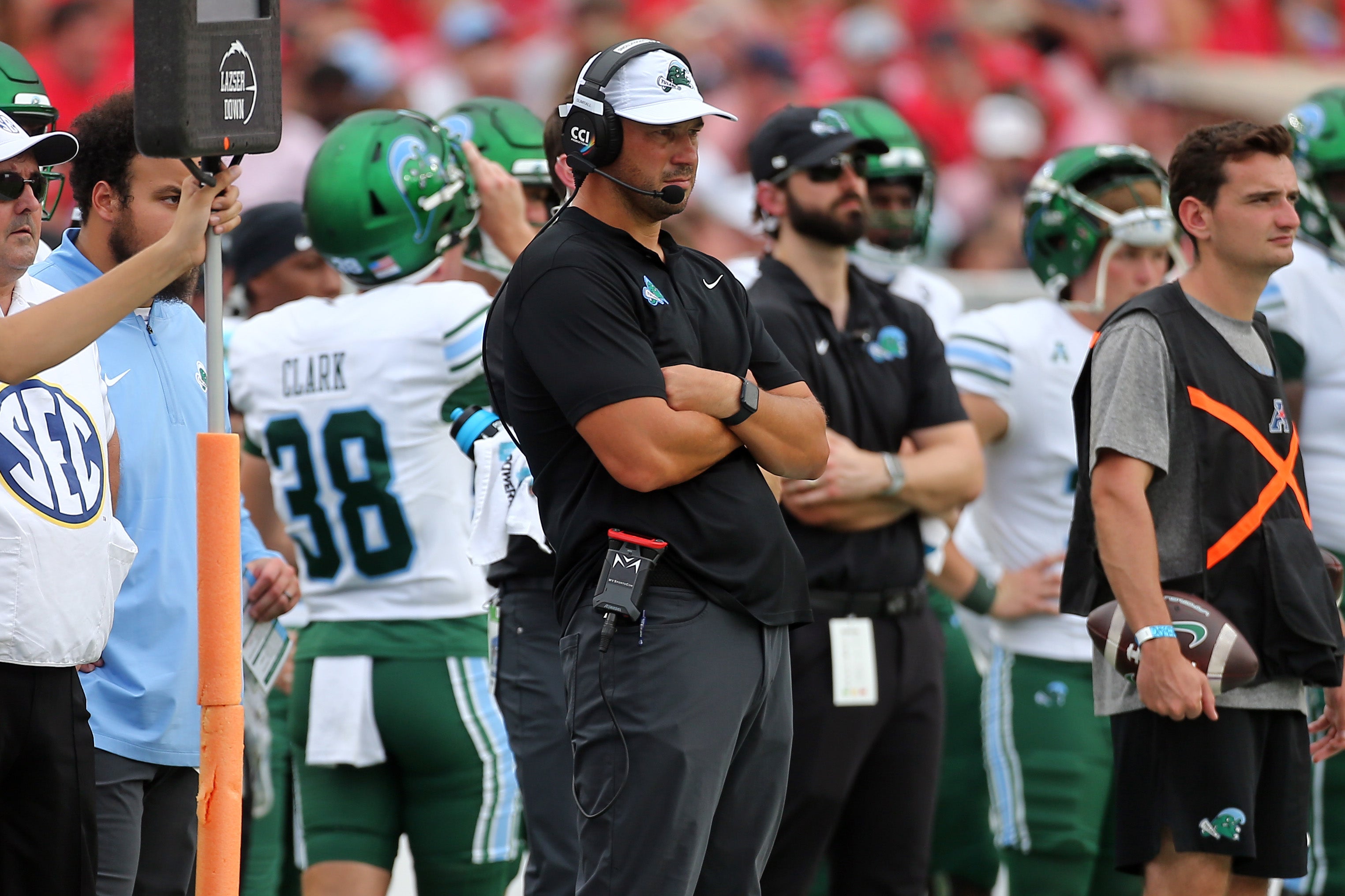 Sep 20, 2025; Oxford, Mississippi, USA; Tulane Green Wave head coach Jon Sumrall looks on during the second quarter against the Mississippi Rebels at Vaught-Hemingway Stadium.